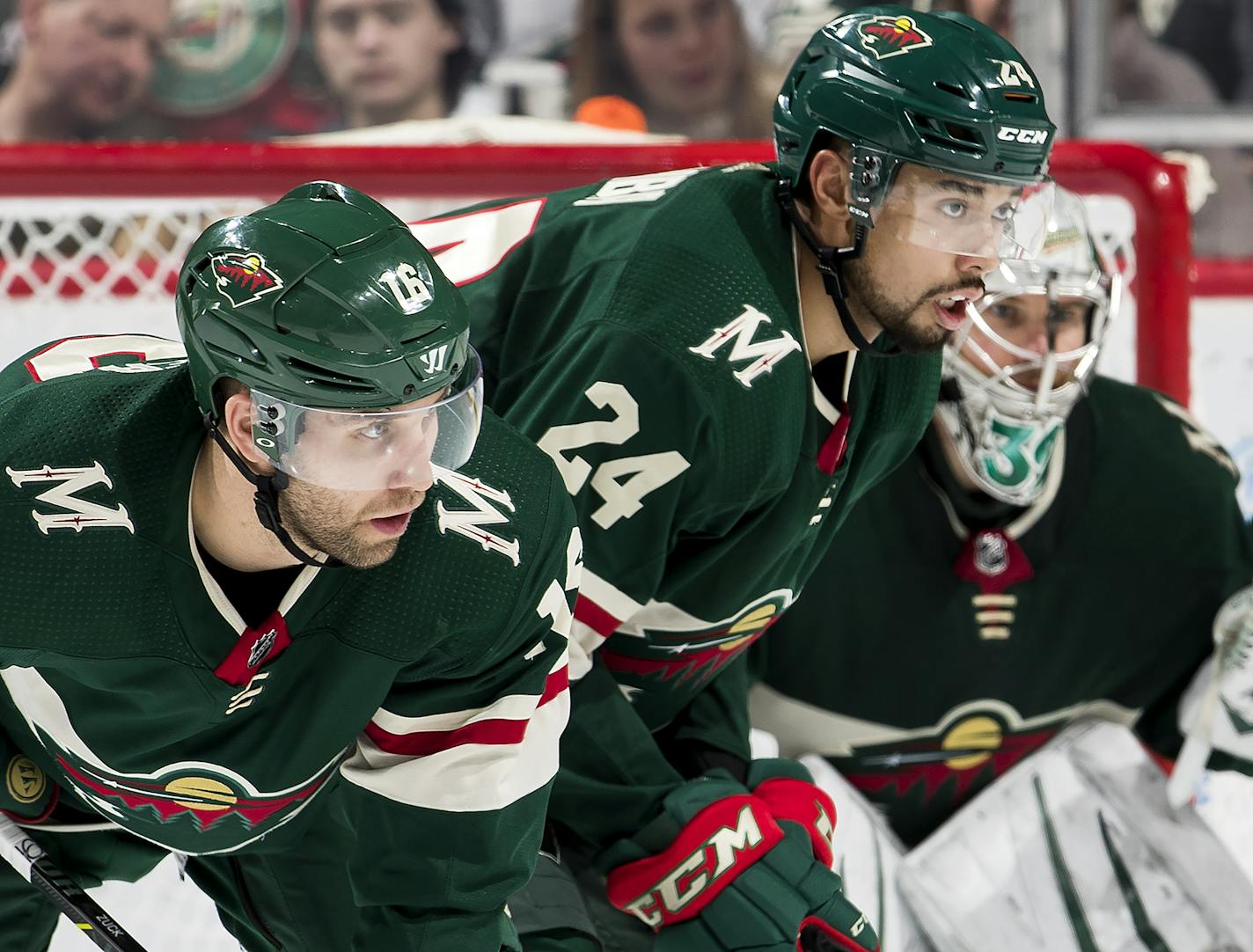 Minnesota Wild Jason Zucker (16) Matt Dumba (24). ] CARLOS GONZALEZ &#xef; cgonzalez@startribune.com - St. Paul, MN - January 9, 2018 - Xcel Energy Center - NHL - Hockey - Minnesota Wild vs. Calgary Flames