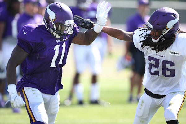 Vikings cornerback Trae Waynes stuck close to wide receiver Laquon Treadwell as he ran a passing route at practice recently at Minnesota State Mankato