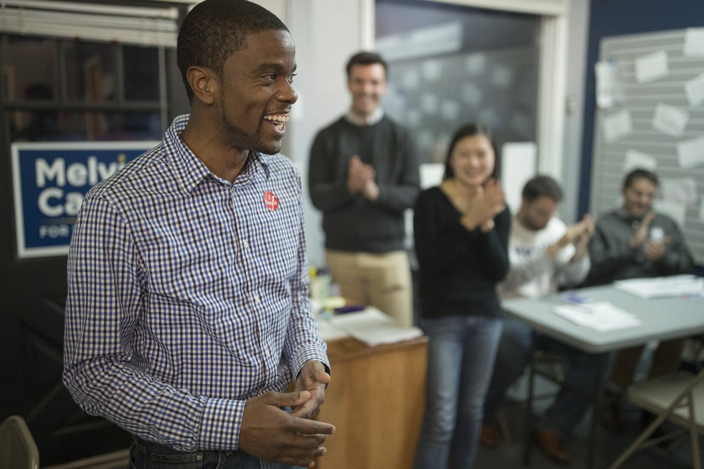 St. Paul mayoral candidate Melvin Carter thanked his campaign workers at his headquarters Tuesday night. Carter spent much of the evening with 50 percent of the vote.