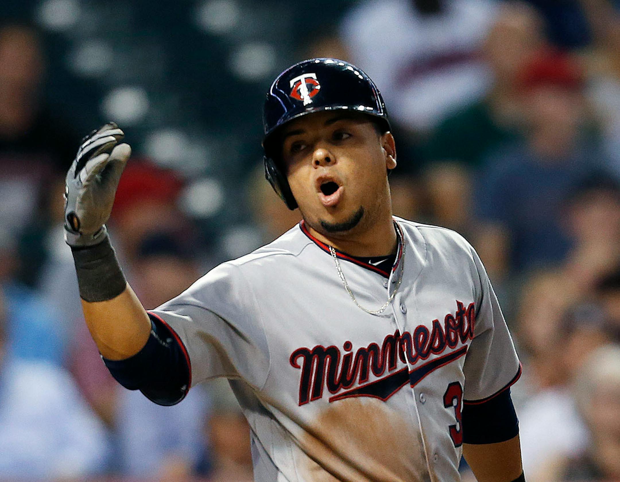 Minnesota Twins' Juan Centeno reacts after being struck out by Cleveland Indians relief pitcher Cody Allen during the ninth inning of a baseball game, Monday, Aug. 29, 2016, in Cleveland. The Indians won 1-0.