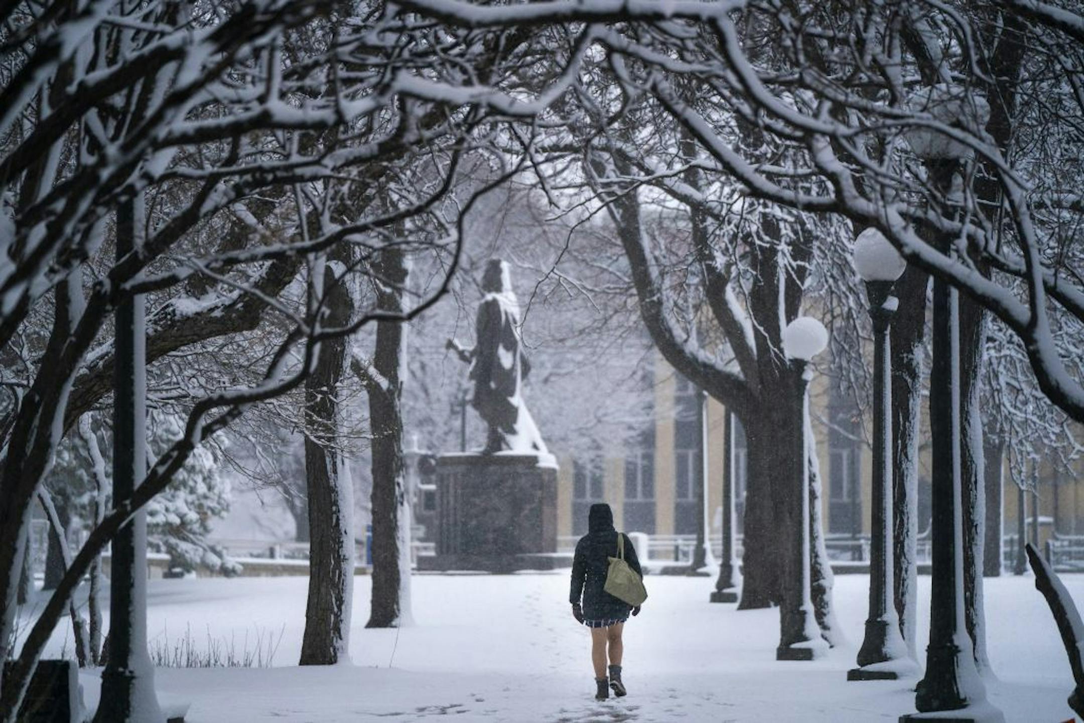 A woman walked out of the State Office Building in St. Paul as the snow steadily fell on Wednesday.