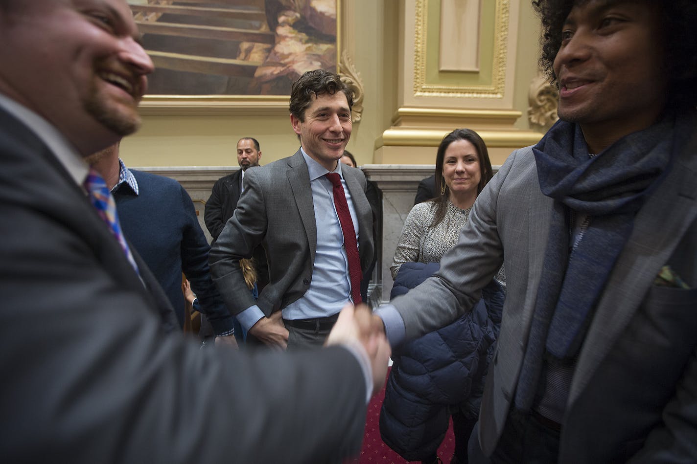 Shortly after being sworn-in as the Mayor of Minneapolis, Jacob Frey was greeted and greeted other newly sworn-in council members in the City Council Chambers, Tuesday, January 2, 2018 in Minneapolis, MN. ] ELIZABETH FLORES &#xef; liz.flores@startribune.com