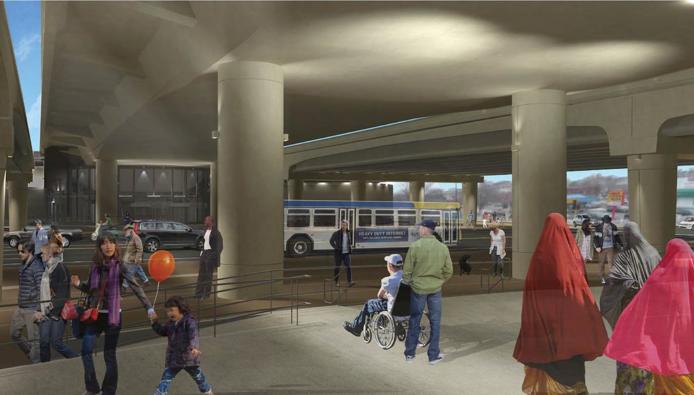 A rendering of Lake Street beneath the new freeway bridges.