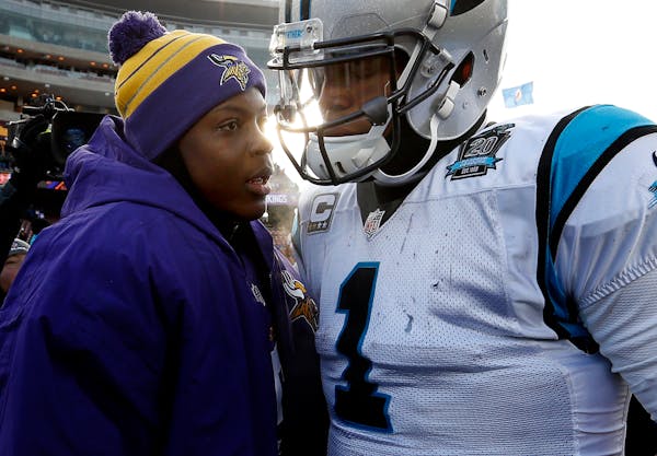 Vikings quarterback Teddy Bridgewater, left, and Panthers quarterback Cam Newton spoke at the end of the game in November of 2014.