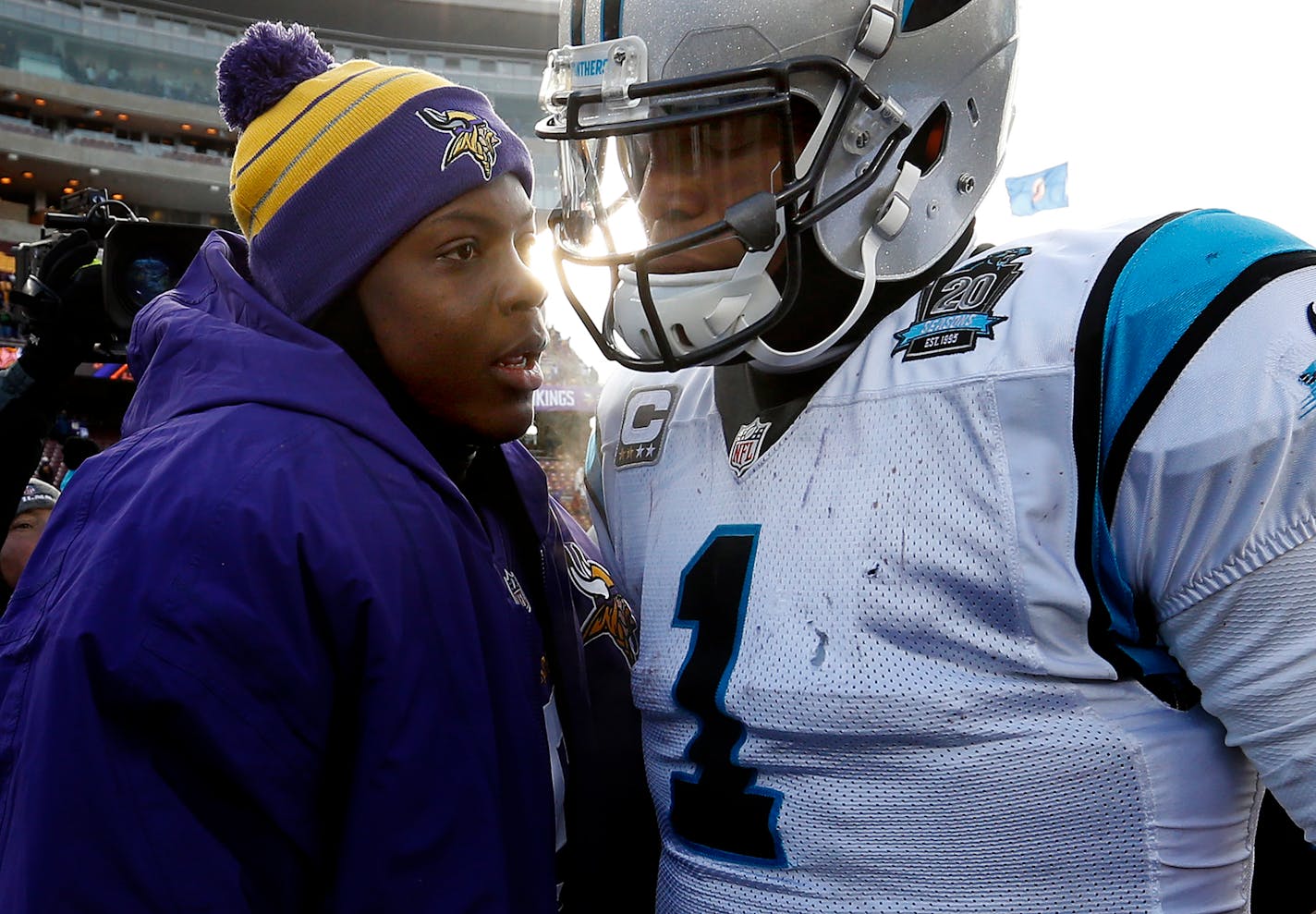 Vikings quarterback Teddy Bridgewater, left, and Panthers quarterback Cam Newton spoke at the end of the game in November of 2014.