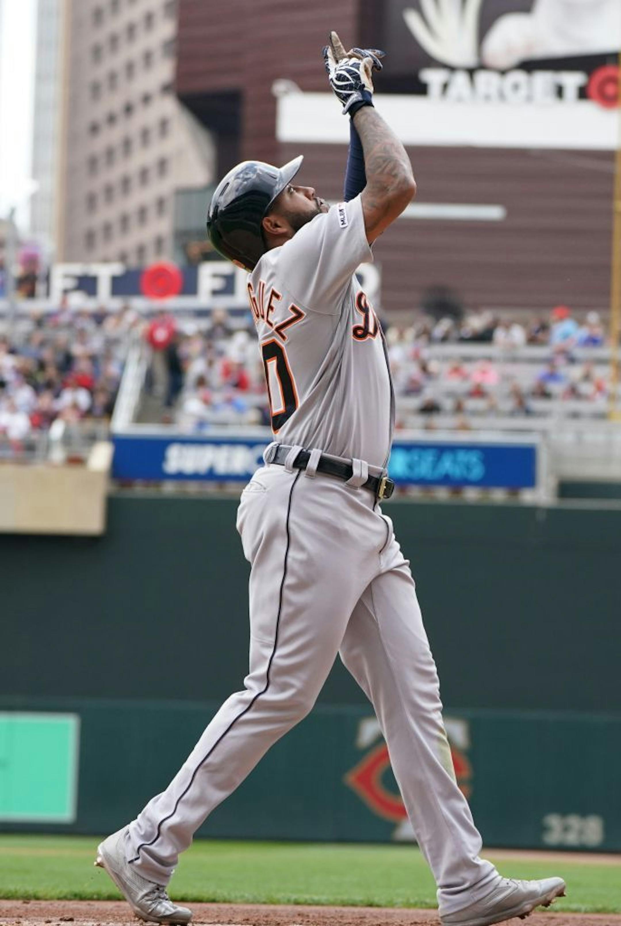 Detroit Tigers third baseman Ronny Rodriguez (60) celebrated after hitting his second homerun of the game in the fourth inning.