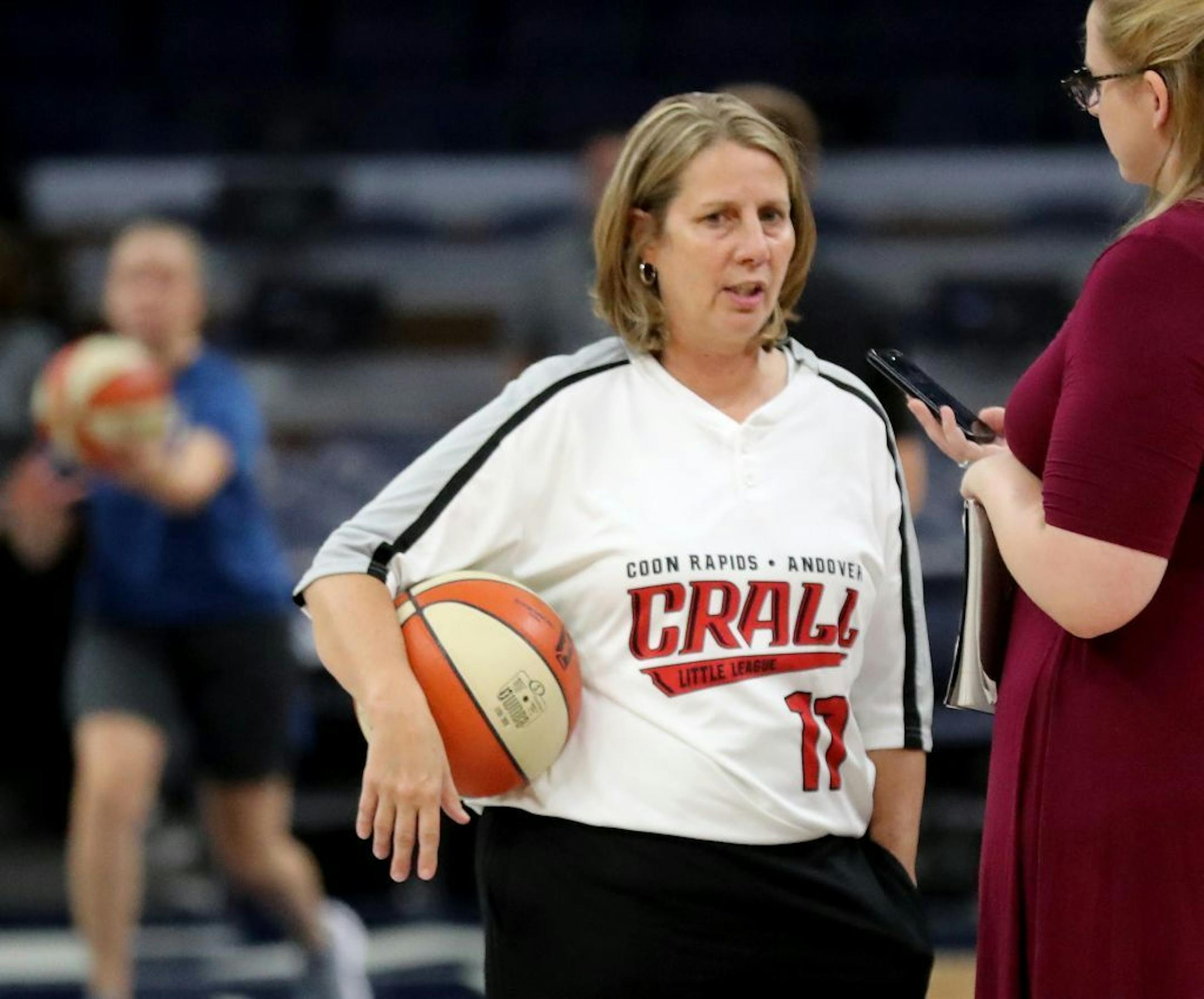 Minnesota Lynx head coach Cheryl Reeve sported a jersey of Coon Rapids Little League player Maddy Freking, the first girl to play in the Little League World Series in five years, before the start of the Lynx' game with the Washington Mystics Friday, Aug. 16, 2019, at the Target Center in Minneapolis, MN.