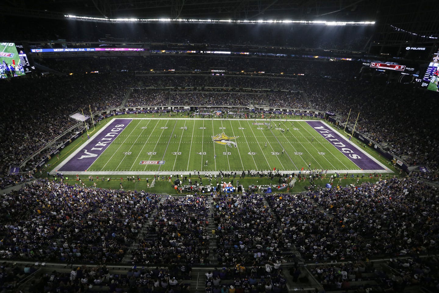 Fans cheer during the second half of an NFL football game between the Minnesota Vikings and the New Orleans Saints, Monday, Sept. 11, 2017, at U.S. Bank Stadium in Minneapolis. (AP Photo/Bruce Kluckhohn)