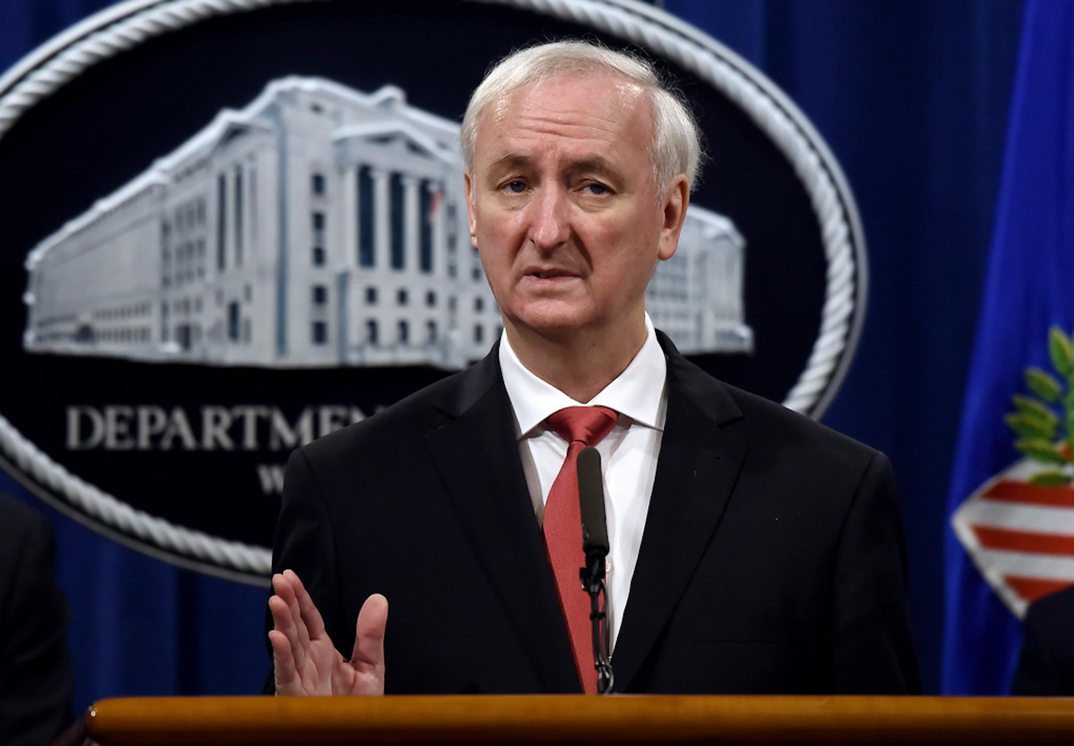 File - In this Sept. 22, 2020 file photo, then Deputy Attorney General Jeffrey Rosen speaks during a press conference at the Department of Justice in Washington. Acting Attorney General Jeffrey Rosen will resign as President-elect Joe Biden takes the oath of office. The Justice Department says Wednesday that Rosen's resignation goes into effect at noon. Rosen has run the department since former Attorney General William Barr resigned on Dec. 23. (Olivier Douliery/Pool via AP)