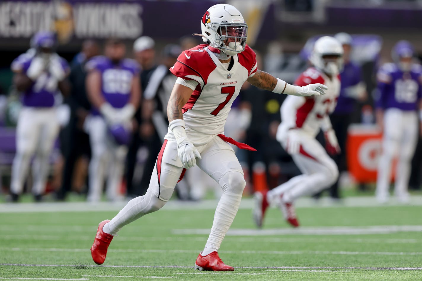 Arizona Cardinals cornerback Byron Murphy Jr. (7) in action during the second half of an NFL football game against the Minnesota Vikings, Sunday, Oct. 30, 2022 in Minneapolis. (AP Photo/Stacy Bengs)