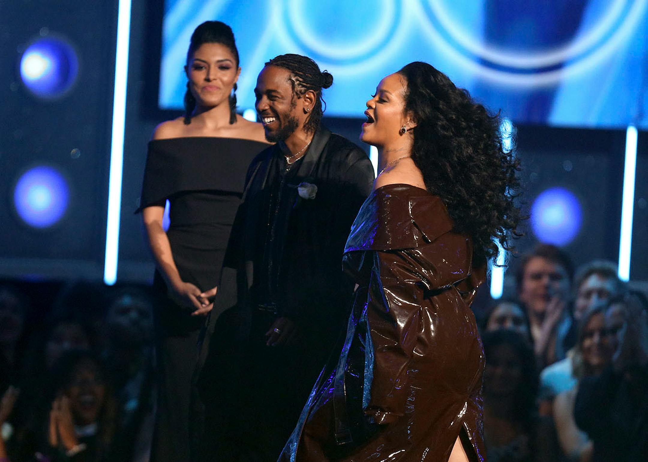 Kendrick Lamar and Rihanna accept the award for best rap/sung performance for "Loyalty." at the 60th annual Grammy Awards at Madison Square Garden on Sunday, Jan. 28, 2018, in New York.