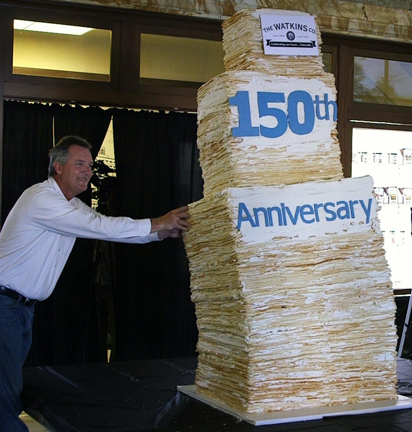 Wuollet Bakery of Minneapolis created the world's largest layer cake for the 150th anniversary of Watkins Products in Winona. They assembled the Guinness Record cake together before the big company celebration. ] Matt Gillmer Minneapolis, MN 9/14/18