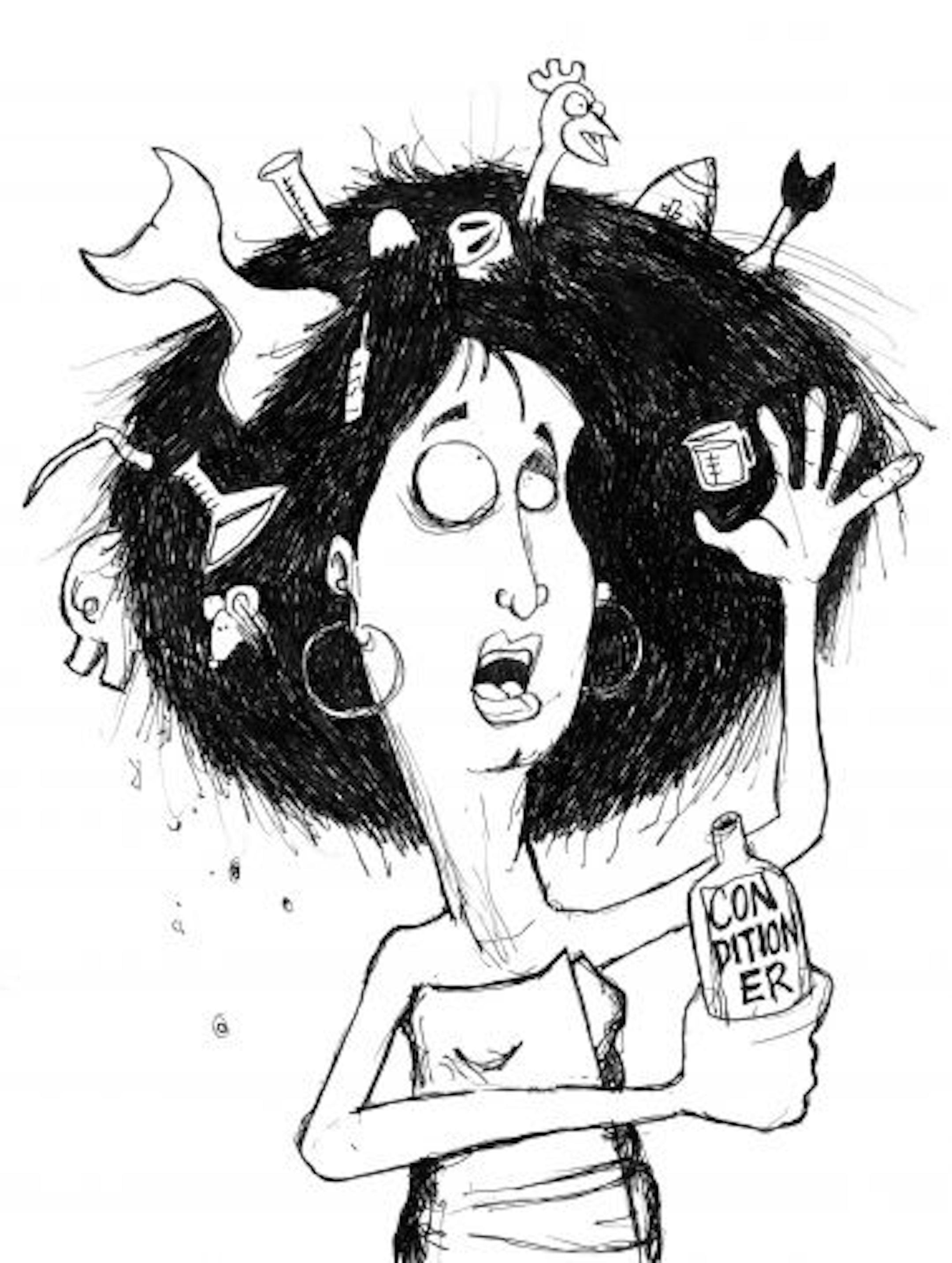 300 dpi Chris Strach color illustration of woman trying to use conditioner on her unruly hair, which is filled with chicken, football, other items. San Jose Mercury News 2010<p> 10000000; krtcampus campus; krtfeatures features; krtlifestyle lifestyle; krtnational national; leisure; LIF; krt; mctillustration; 01007000; 10010000; 10016000; ACE; beauty; FAS; FEA; krtculture culture; krtfashion fashion; LEI; krtdiversity diversity; woman women; youth; bad hair; bad hair day; chicken; conditioner; fi