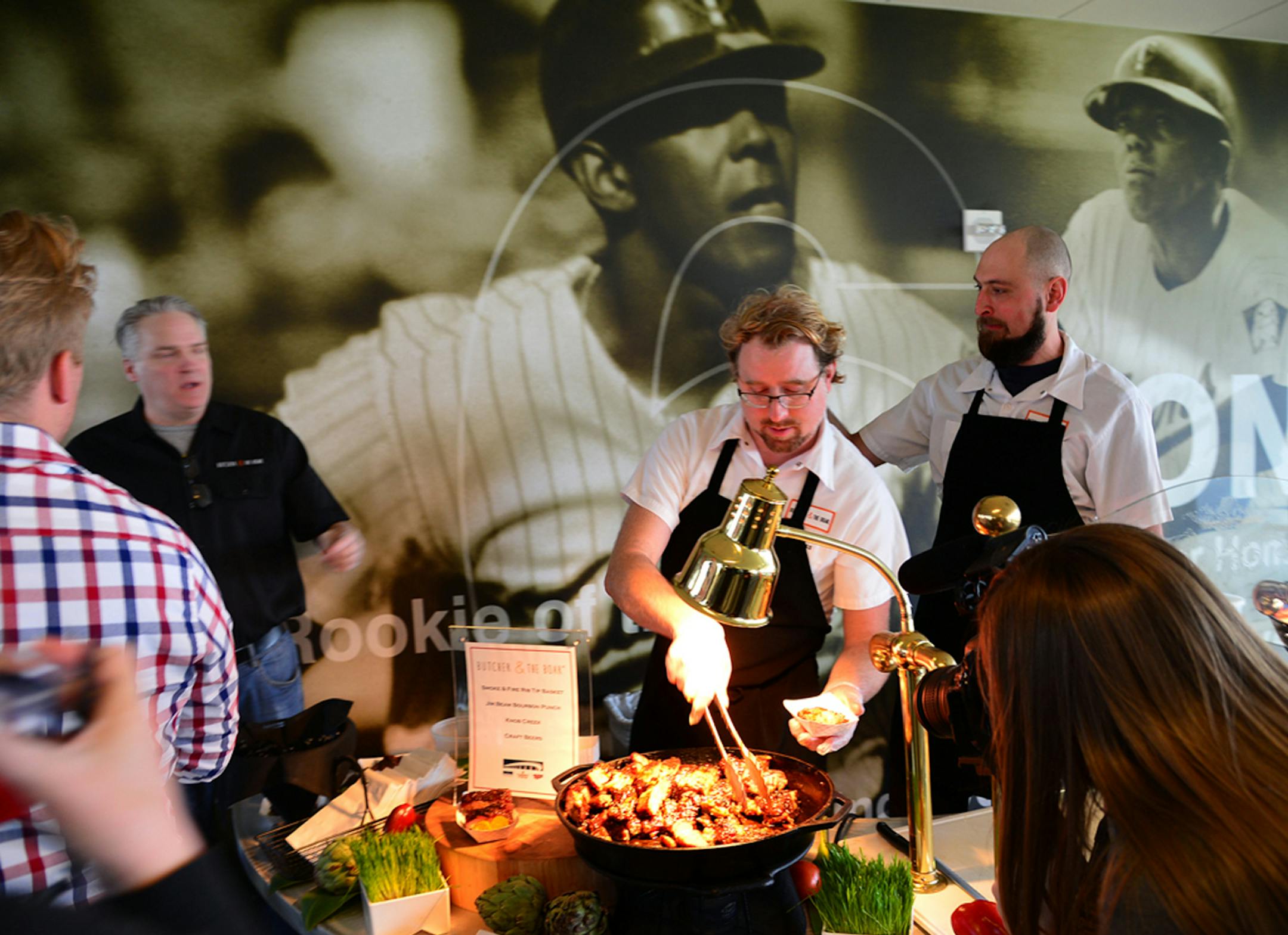 The Butcher and the Boar were serving BBQ pork tips. ] The Minnesota Twins and Delaware North Sportservice made a pitch of the 2014 food and beverage preview at Target Field in the Metropolitan Club. Richard.Sennott@startribune.com Richard Sennott/Star Tribune Minneapolis, Minn. Tuesday 4/01/2014) ** (cq) ORG XMIT: MIN1404011413150961