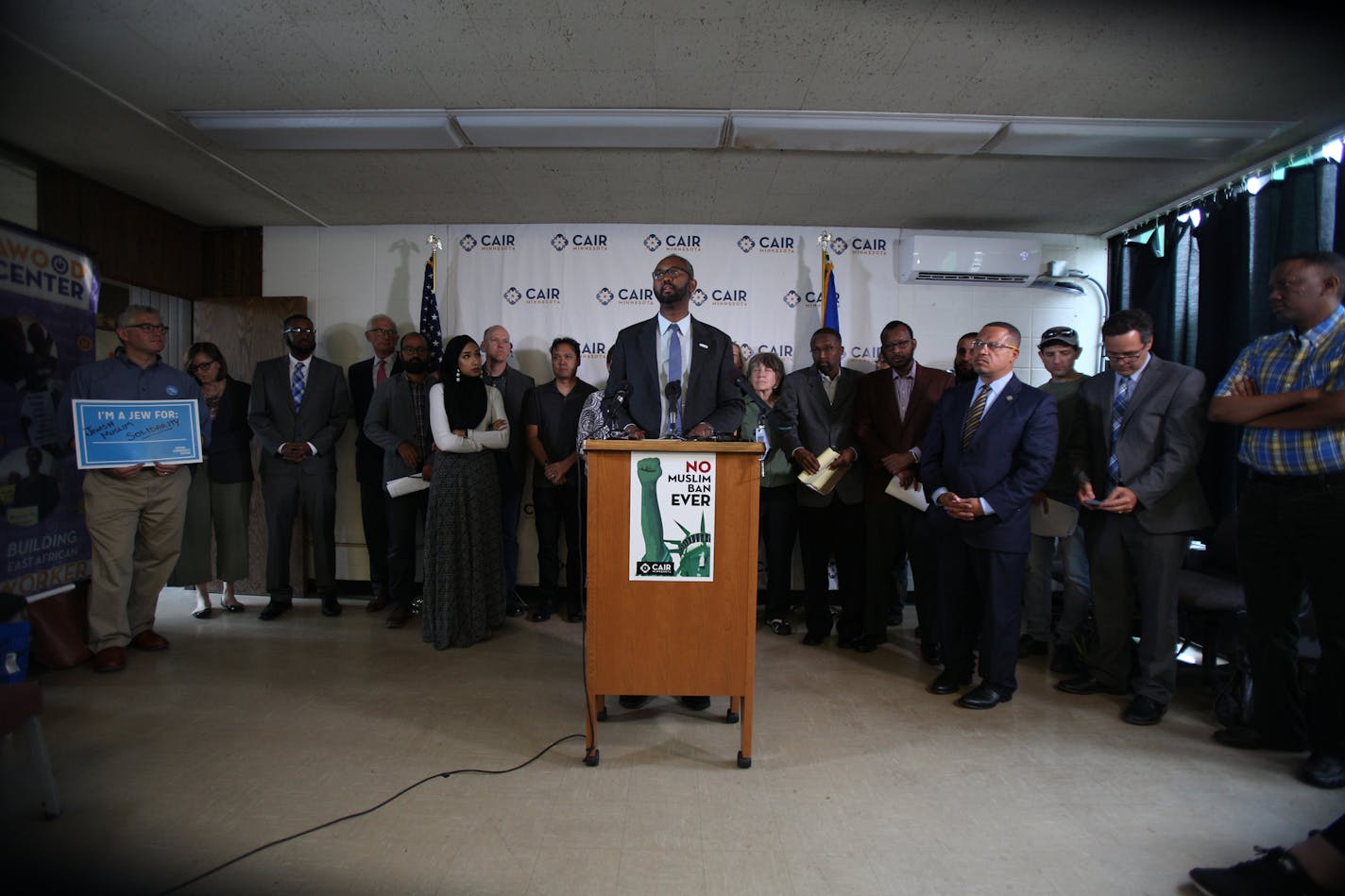 Jaylani Hussein, executive director of CAIR Minnesota, opened the press conference following the Supreme Court decision to uphold President Trump's travel ban. ] ALEX KORMANN &#x2022; alex.kormann@startribune.com Two dozen people from different groups in Minnesota came together for a press conference hosted by CAIR on Tuesday following the Supreme Court decision to uphold President Trump's travel ban. Speakers included attorneys, professors of law from the University of Minnesota, Congressmen an