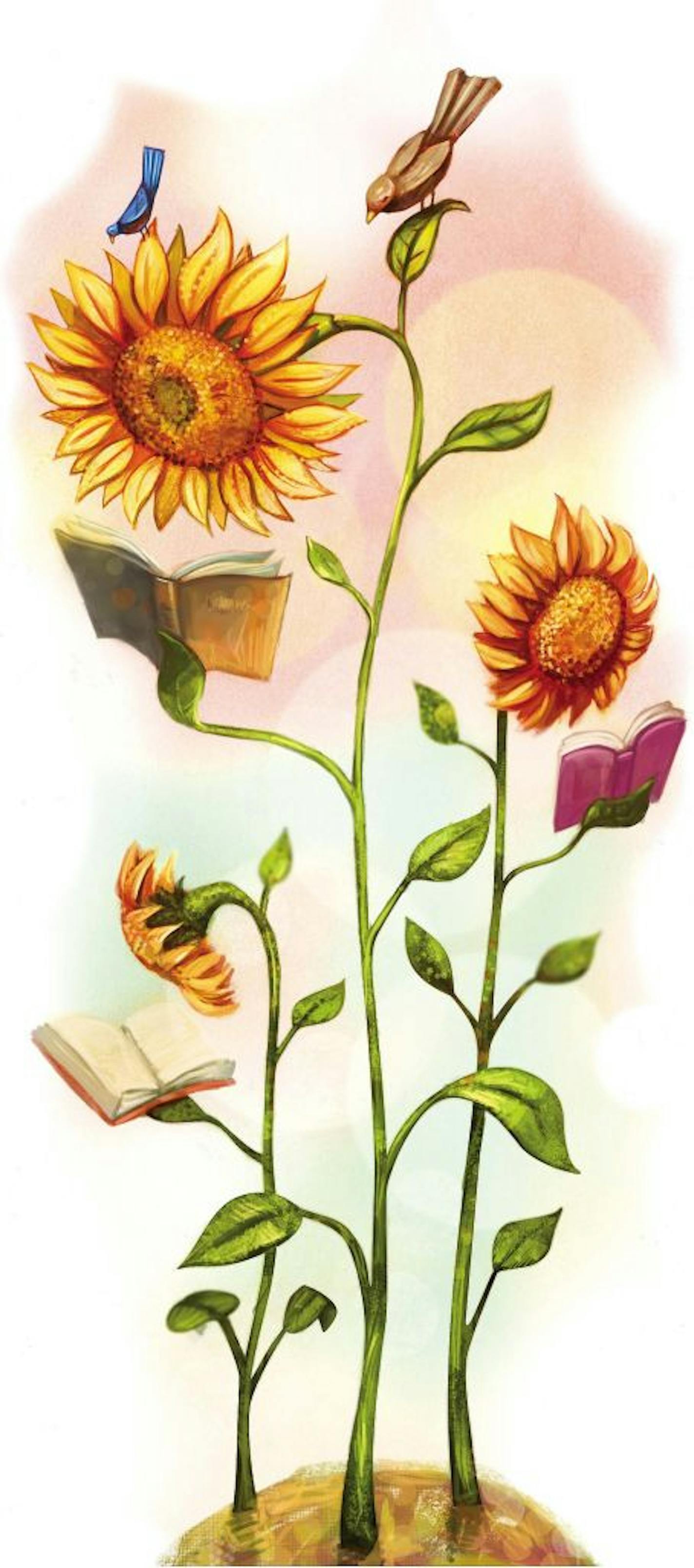 300 dpi Tim Lee color illustration of sunflowers and birds reading books. The News & Observer (Raleigh, N.C.) 2007<p> summer read illustration sunflower bird birds reading book books library flower garden gardening romance novel, 01009000, 01010001, 01010002, fiction, krtculture culture, krtliterature literature, library, poem, poetry, 01000000, 10000000, ACE, krtentertainment entertainment, krtnational national, krtworld world, LIF, aspecto aspectos leer leendo flor girasol ave pajaro libro lib