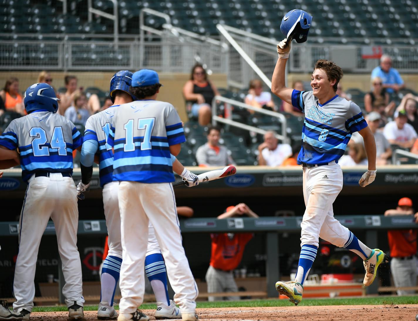 Heritage Christian Academy pitcher Seth Halvorsen (8) hit a 3-run homer in the bottom of the fifth inning, his second of the game, against Sleepy Eye in the 1A championship game Saturday. ] AARON LAVINSKY &#xef; aaron.lavinsky@startribune.com Heritage Christian Academy played Sleepy Eye in the Class 1A state baseball championship game on Saturday, June 16, 2018 at Target Field in Minneapolis, Minn.