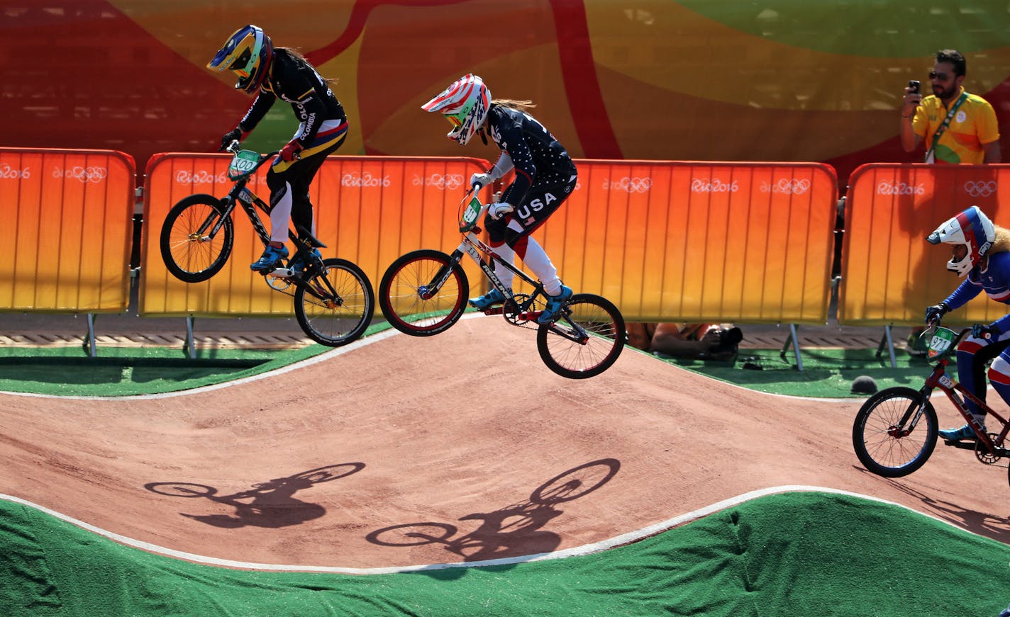 Minnesota&#xed;s Alise Post (right) batles it out with Mariana Pajon of Columbia. Post won the silver and Pajon won the gold medal in the women's BMX cycling Friday afternoon during the 2016 Summer Olympics in Rio de Janeiro, Brazil ] 2016 Summer Olympic Games - Rio Brazil brian.peterson@startribune.com Rio de Janeiro, Brazil - 08/19/2016