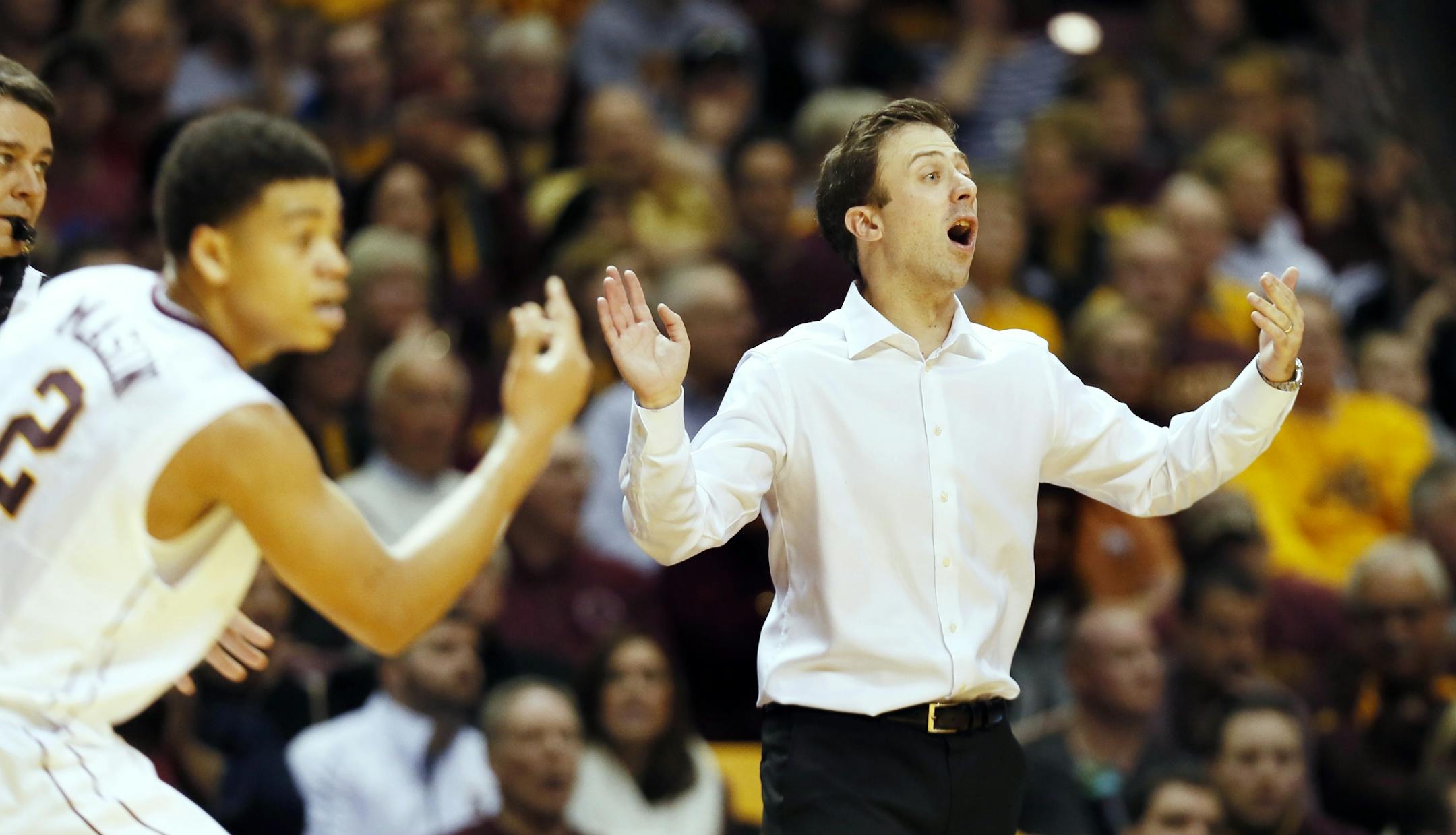 Richard Pitino gave instructions to his team in the second half of the regular season finale. Minnesota lost to Penn State79-76 at Williams Arena and must rattle off five wins in five days to make the NCAA tournament.