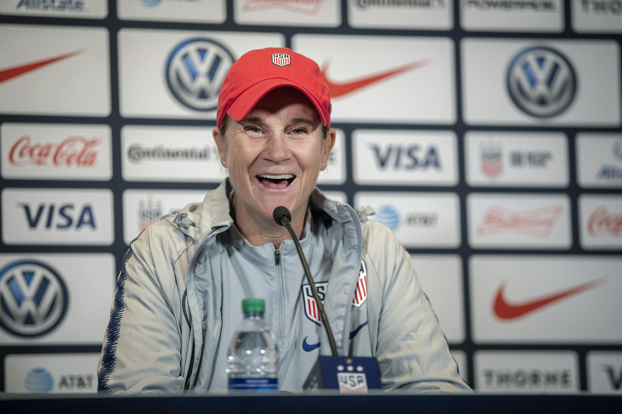 The United States women's national soccer team coach Jill Ellis was all smiles during a press conference before an open practice for the team at Allianz Field, Monday, September 1, 2019 in St. Paul, MN. They will play a friendly game against Portugal on Tuesday.
