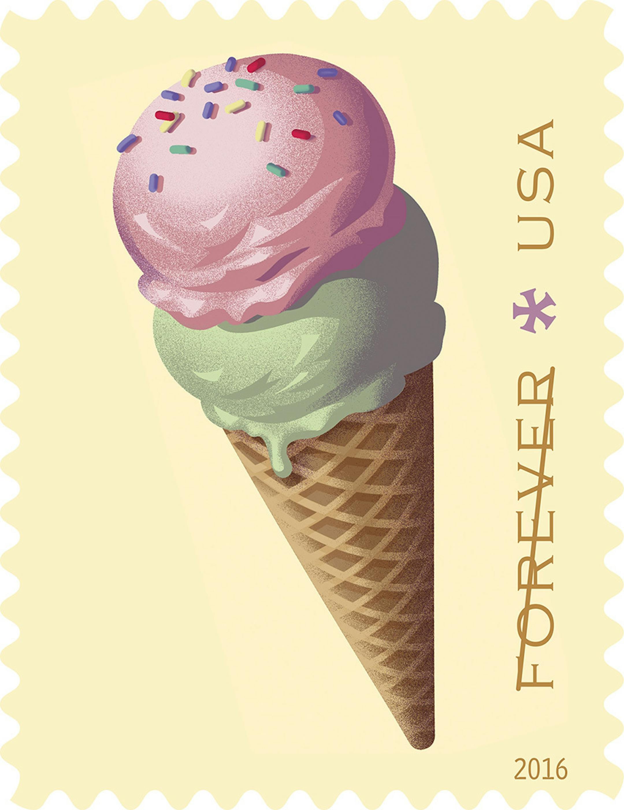 Provided This year, the U.S. Postal Service is celebrating soda fountain favorites, with stamps depicting a double-scoop ice cream cone, an egg cream, a banana split, a root beer float, and a hot fudge sundae. Illustrations by artist Nancy Stahl of New York City.
