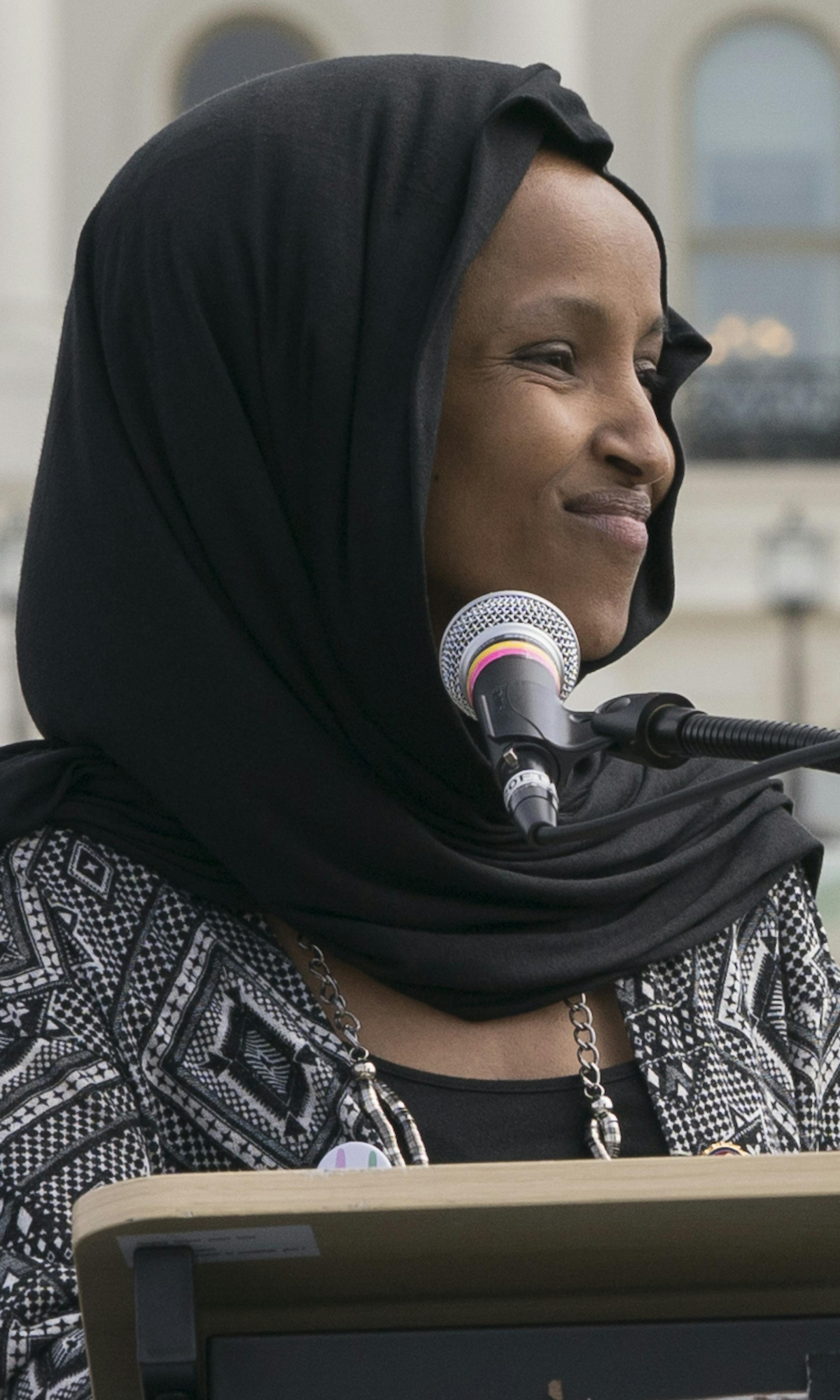 Rep. Ilhan Omar, D-Minn. speaks at the International Youth Climate Strike event at the Capitol in Washington, Friday, March 15, 2019. (AP Photo/J. Scott Applewhite)