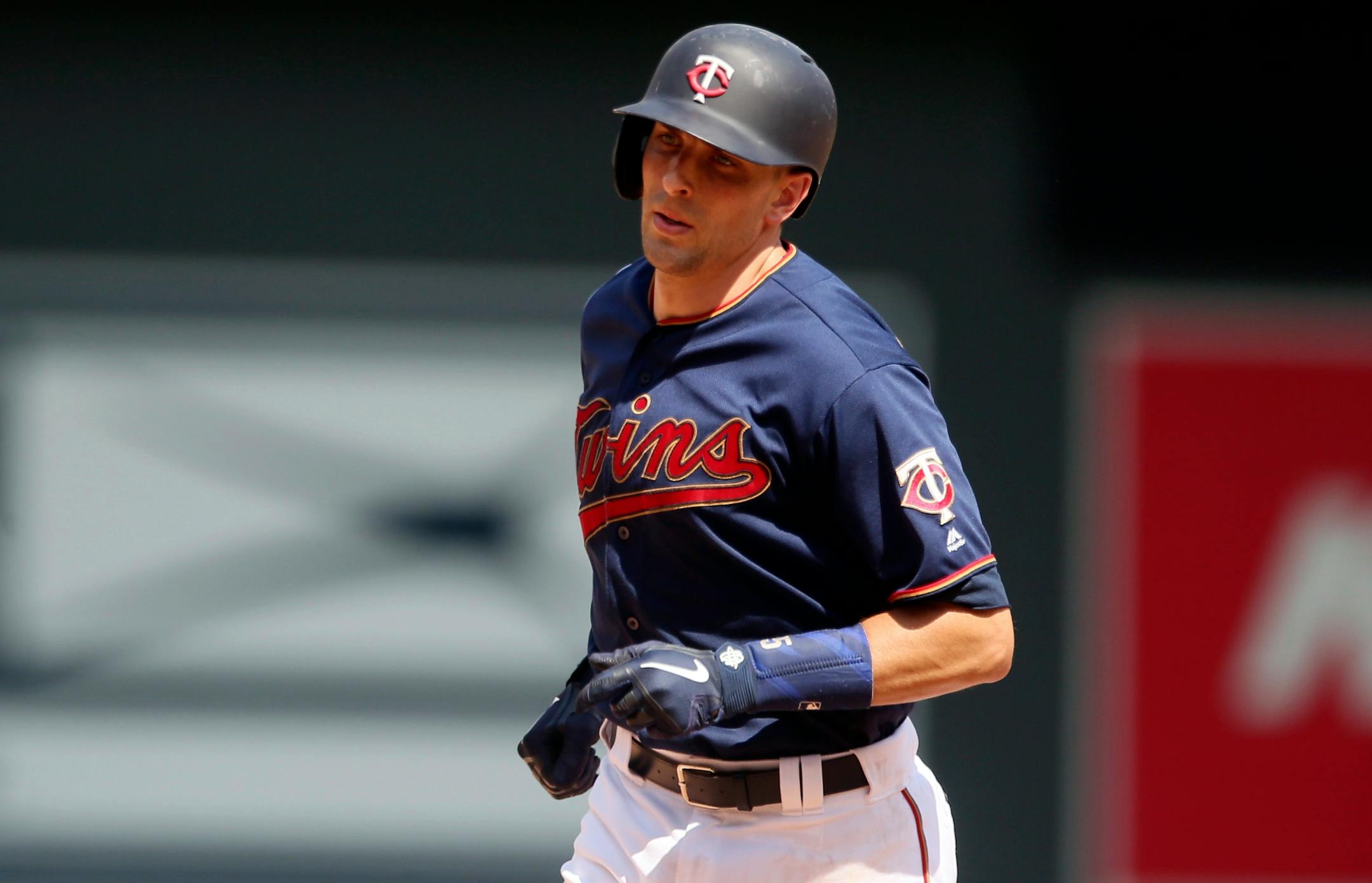 Minnesota Twins' Jason Castro rounds the bases on a solo home run off Kansas City Royals pitcher Brad Keller in the seventh inning of a baseball game Sunday, Aug. 4, 2019, in Minneapolis. (AP Photo/Jim Mone)
