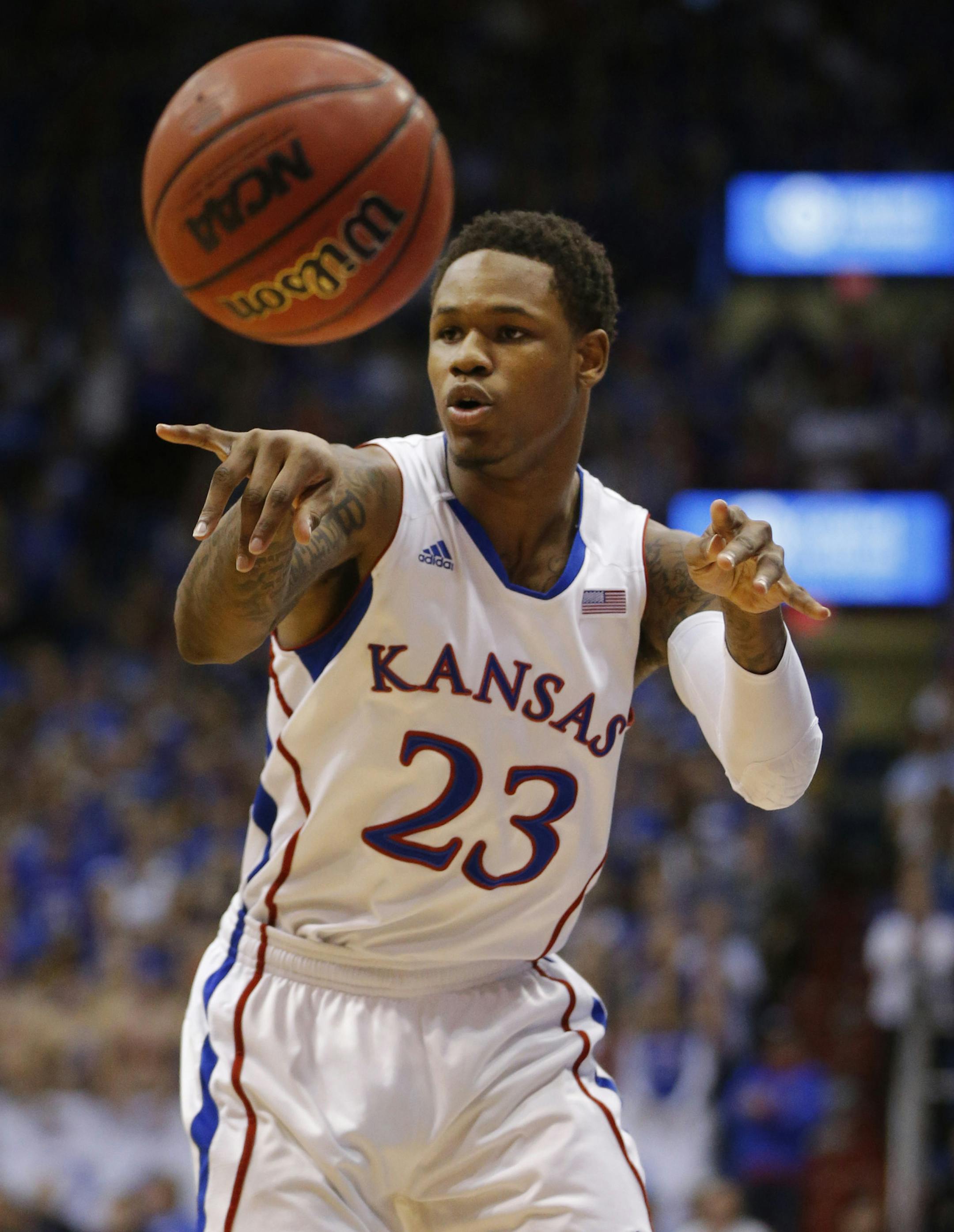 Kansas guard Ben McLemore (23) during the first half of an NCAA college basketball game against Texas Tech in Lawrence, Kan., Monday, March 4, 2013. (AP Photo/Orlin Wagner) ORG XMIT: NYOTK