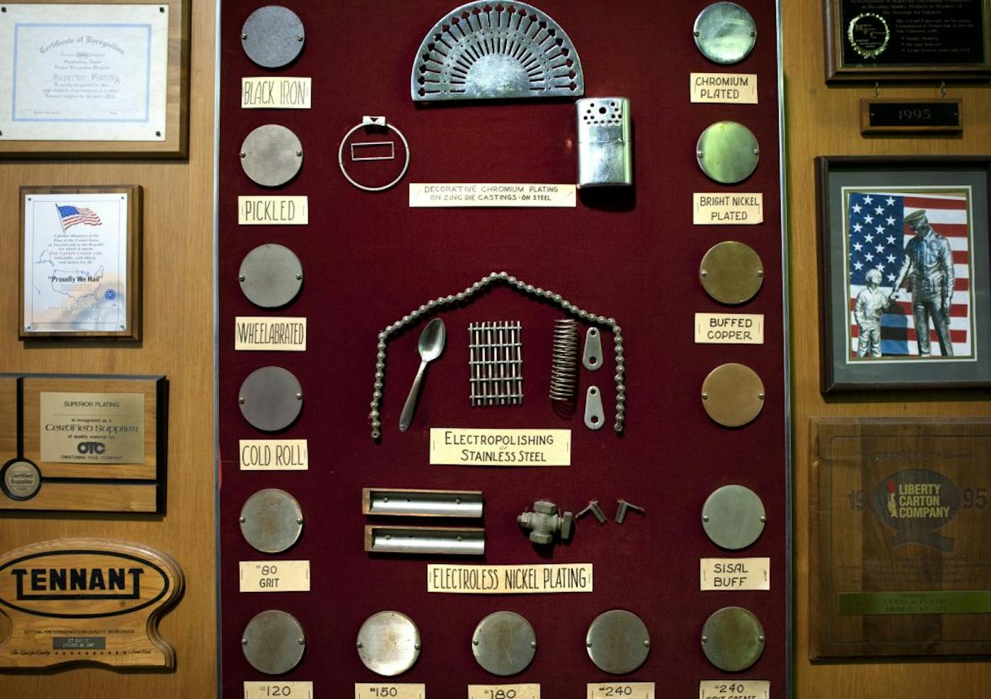 Product displays and awards line the lobby of Superior Plating in northeast Minneapolis.