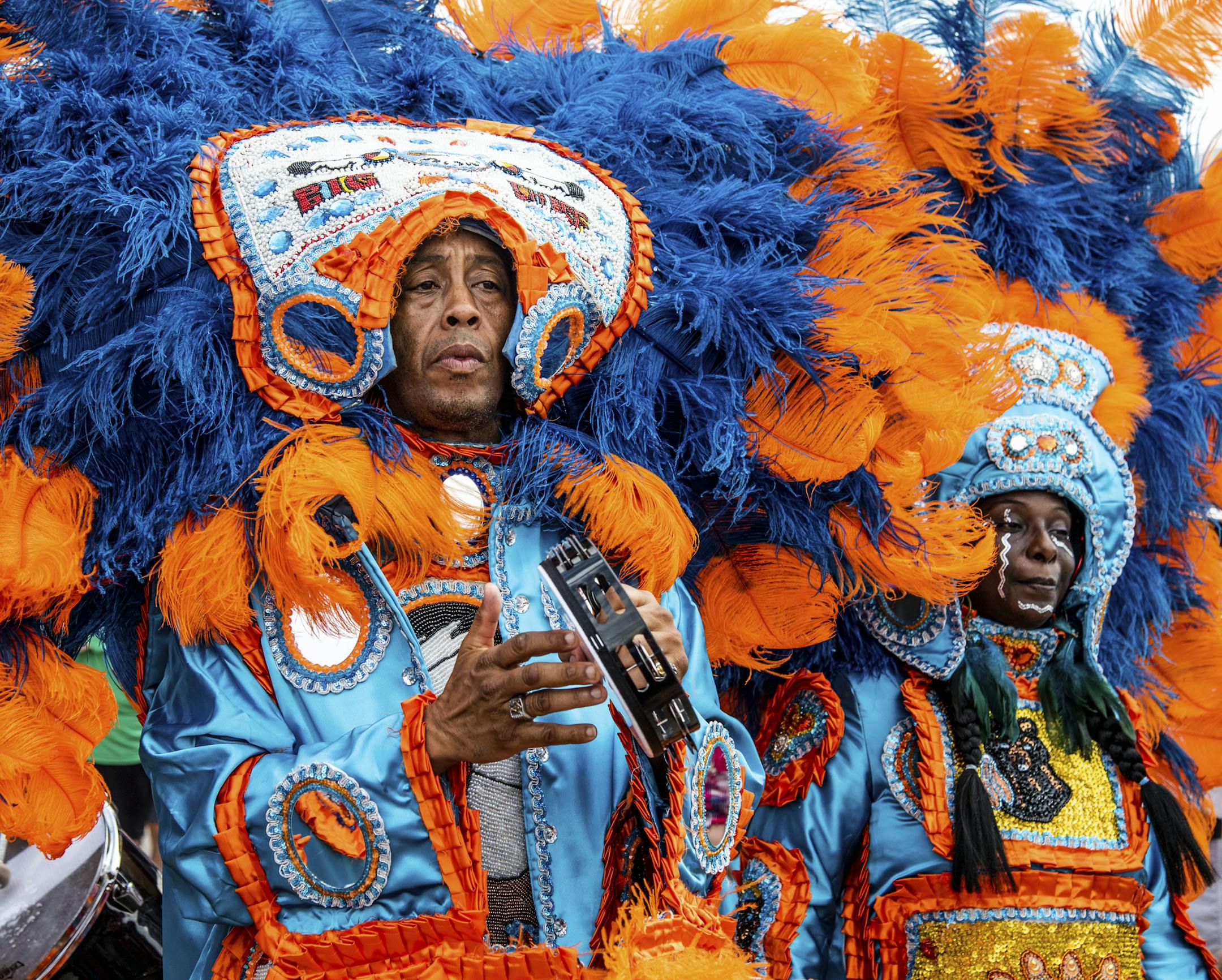 Members of the Black Feathers and Wild Tchoupitoulas Mardi Gras Indians perform at the New Orleans Jazz and Heritage Festival on Friday, May 3, 2019, in New Orleans. (Photo by Amy Harris/Invision/AP) ORG XMIT: INVW