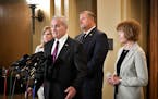 Governor Mark Dayton emerged from the Cabinet meeting room with Lt. Governor Tina Smith, Senate Minority Leader Tom Bakk and House Minority Leader Mel