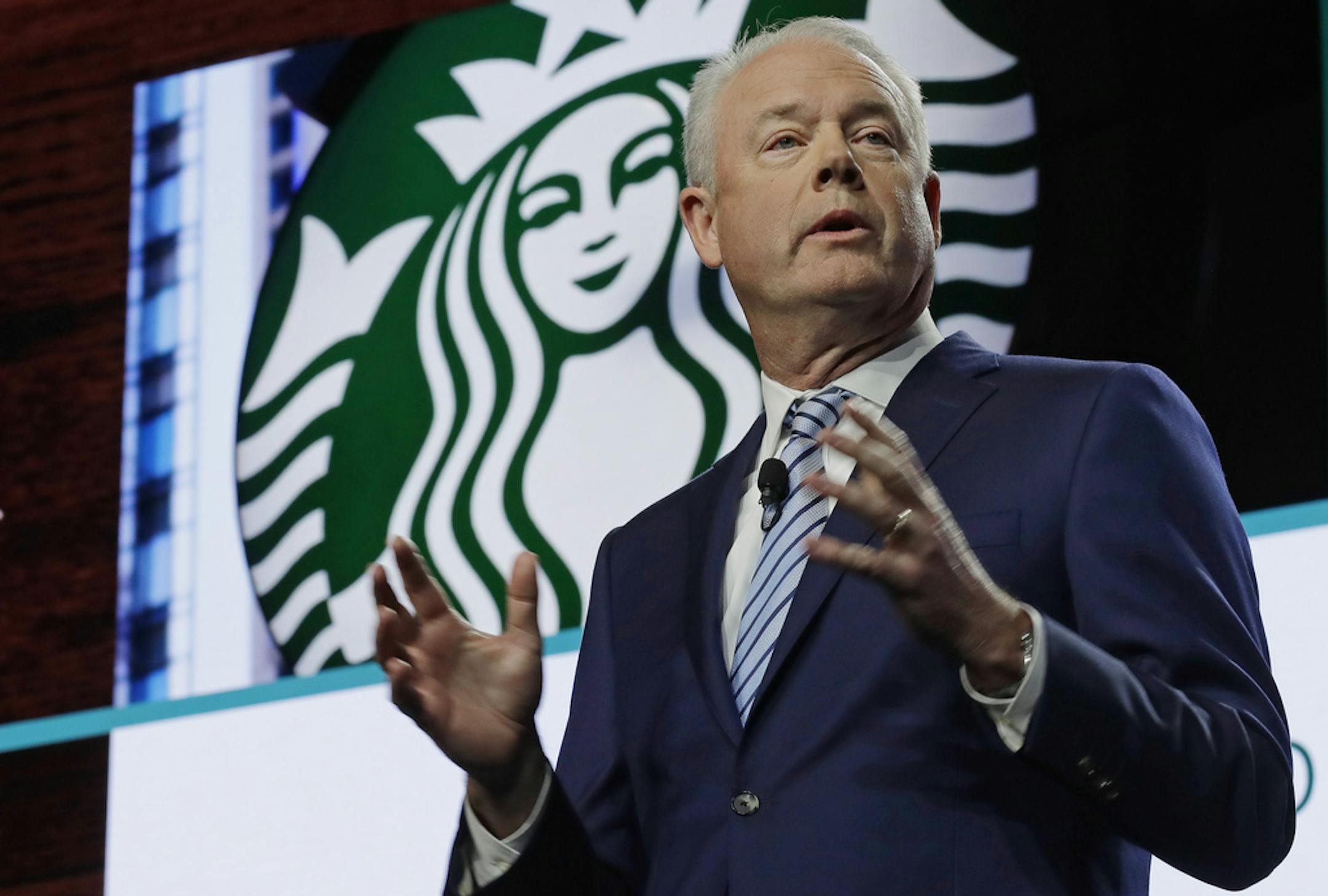 Starbucks CEO Kevin Johnson speaks Wednesday, March 20, 2019, at the company's annual shareholders meeting in Seattle. (AP Photo/Ted S. Warren)