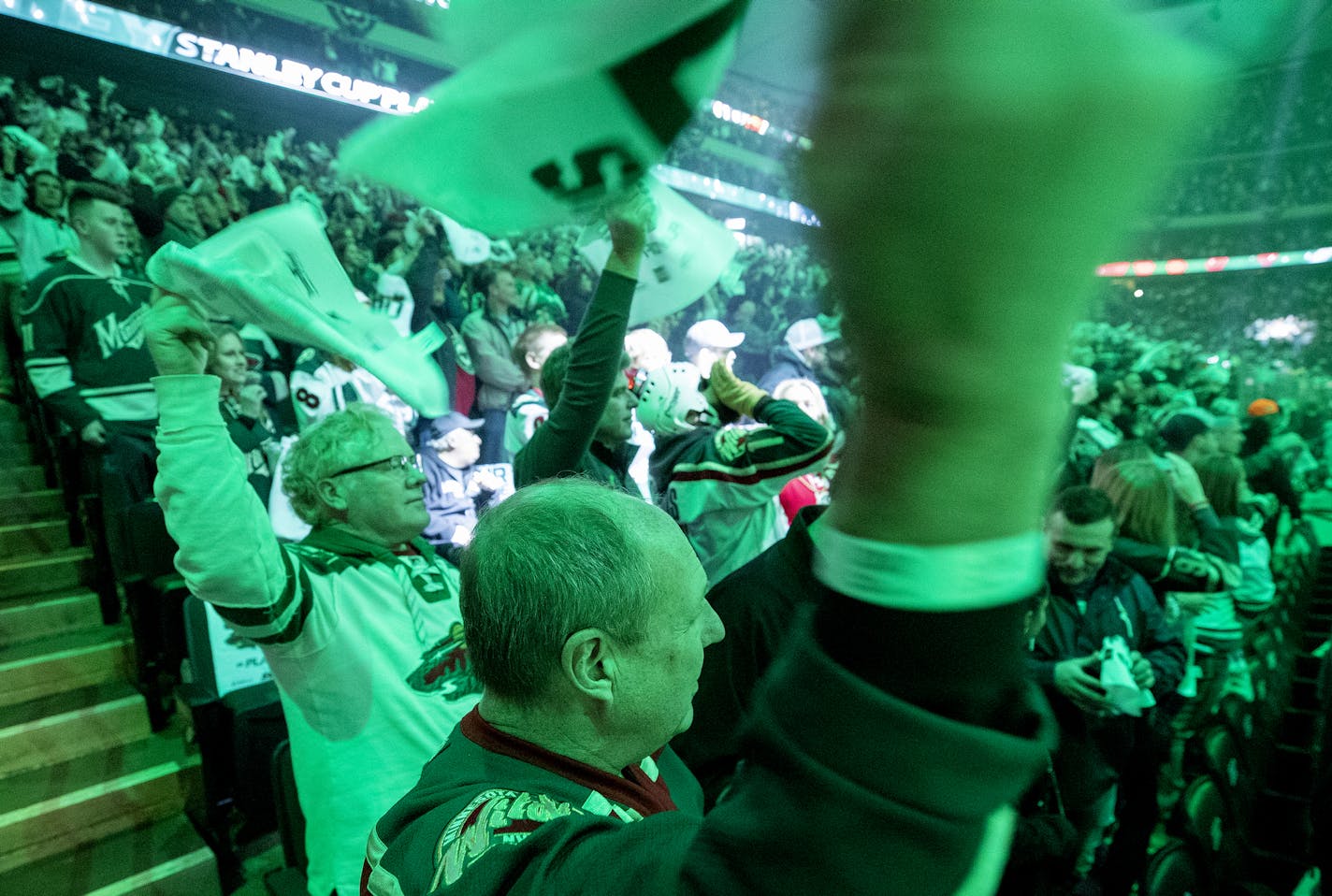 Fans cheered before the start of the game. ] CARLOS GONZALEZ • cgonzalez@startribune.com – April 15, 2018, St. Paul, MN, Xcel Energy Center, NHL, Stanley Cup Playoffs – Game 3, Minnesota Wild vs. Winnipeg Jets