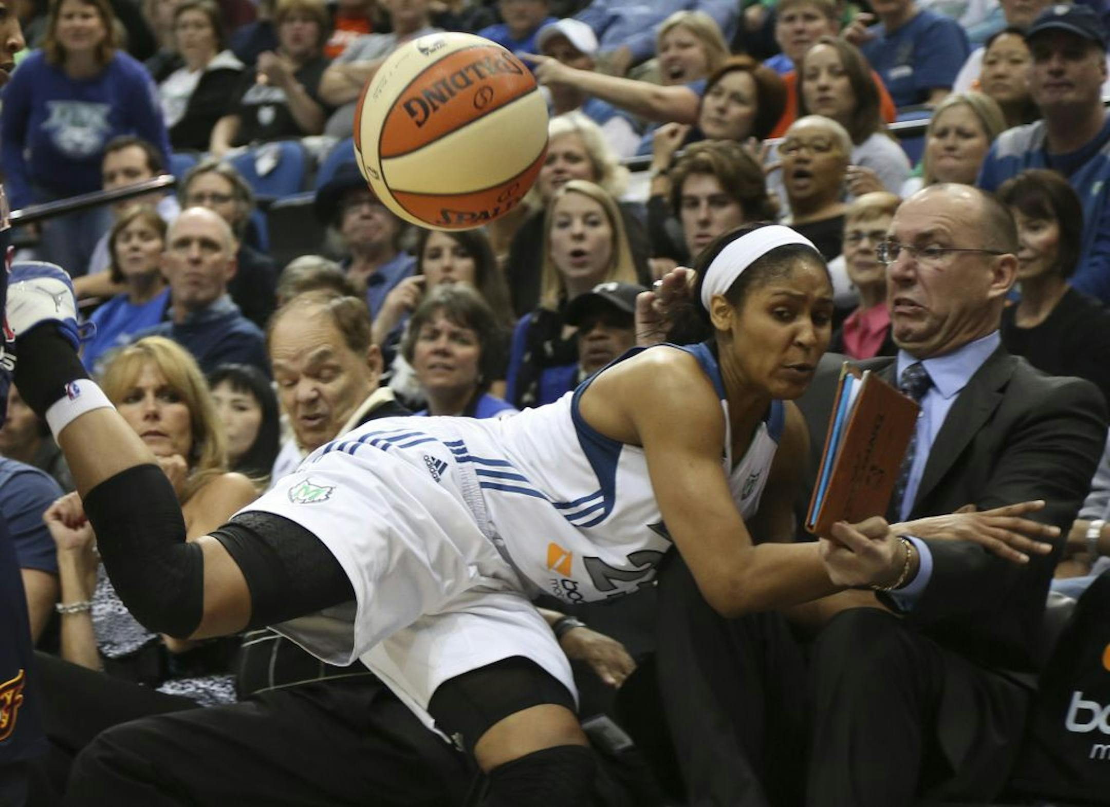 Maya Moore collided with Lynx assistant coach Jim Peterson on the sideline as she chased a loose ball late in Sunday's game at Target Center. The Lynx were surprised by Indiana in Game 1 of the WNBA Finals, making Game 2 almost a must win.
