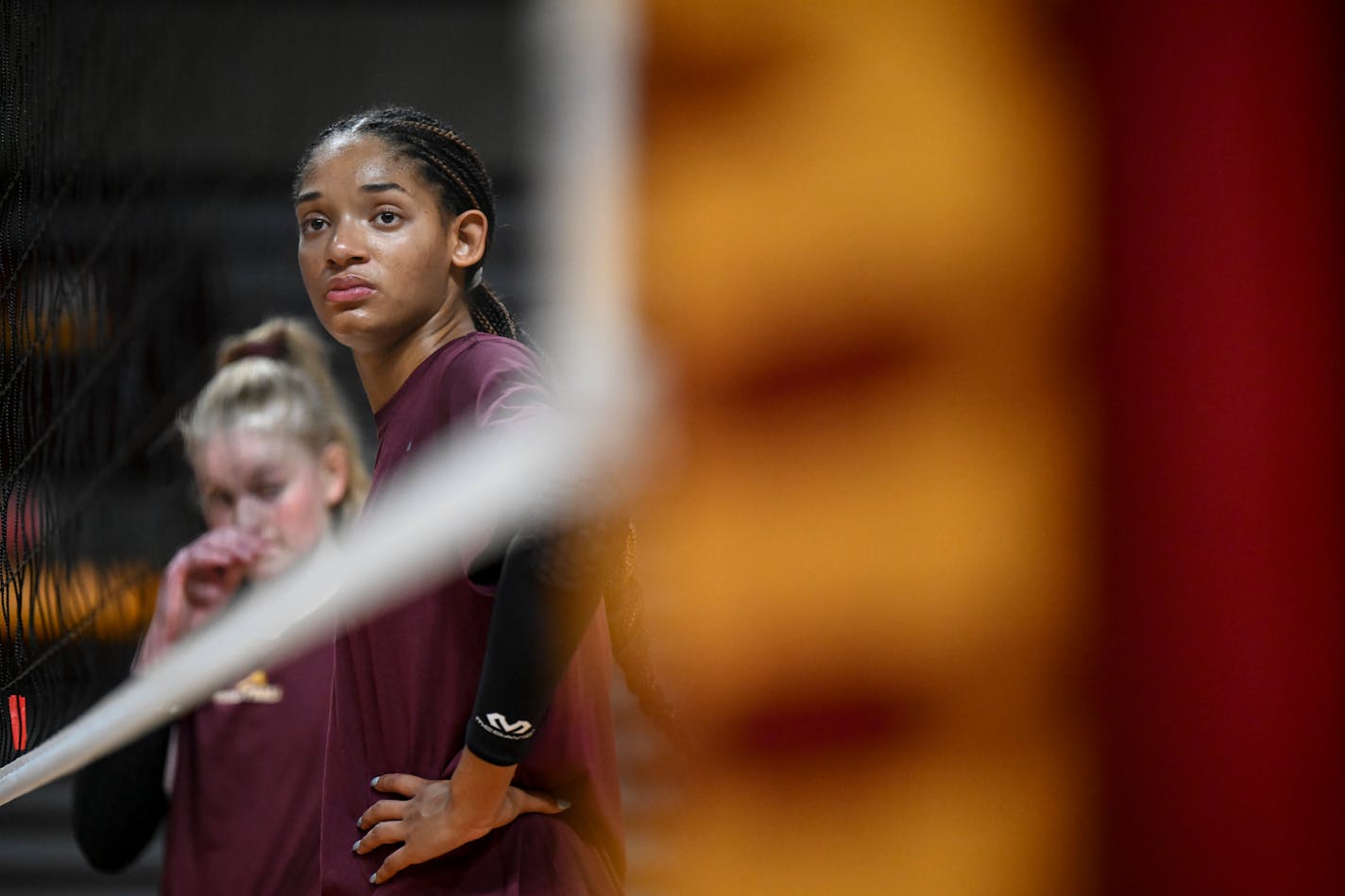 Minnesota outside hitter Taylor Landfair looks on during practice Monday, Aug. 14, 2023 at the Maturi Pavilion in Minneapolis, Minn. ] AARON LAVINSKY • aaron.lavinsky@startribune.com