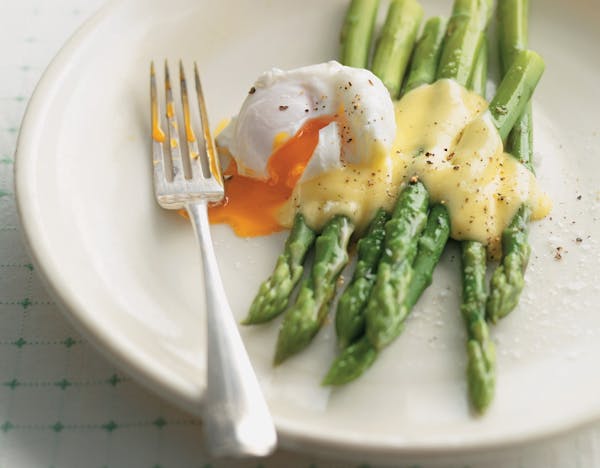 Asparagus Poached Eggs and Orange Hollandaise from &#x201c;Mildreds the Cookbook&#x201d; (Mitchell Beazley, 2015).