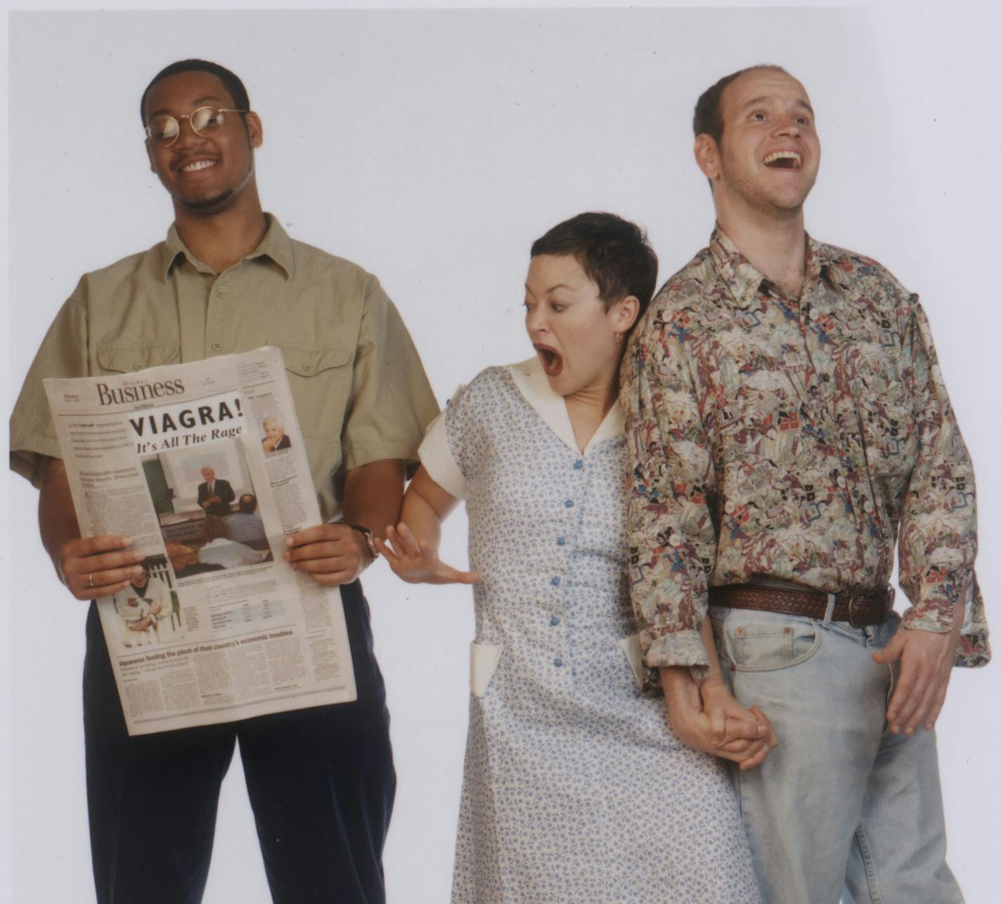 Shown is the cast of "Viagra: The Second Coming! Fashionably Hard on America," (left to right) Cedric Yarbrough, Margi Simmons, and Eric Nelson, the summer review opening June 18, 1998, at the Brave New Workshop founded by Dudley Riggs. Handout photo by Judy Olausen.