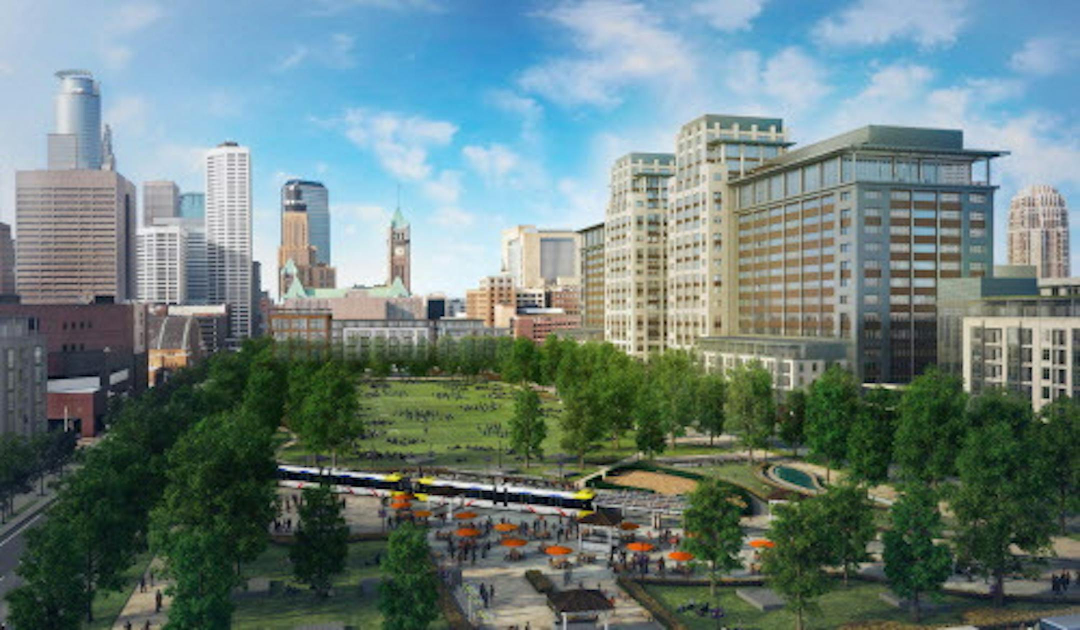 Ryan Companies proposes a $400 million redevelopment of five blocks now dominated by surface parking lots between the downtown central business district and the new Vikings stadium. This revised rendering includes an apartment building on the west end of the park space.