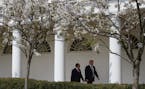 President Donald Trump walks with Egyptian President Abdel Fattah al-Sisi at the White House in Washington, Monday, April 3, 2017. (AP Photo/Evan Vucc