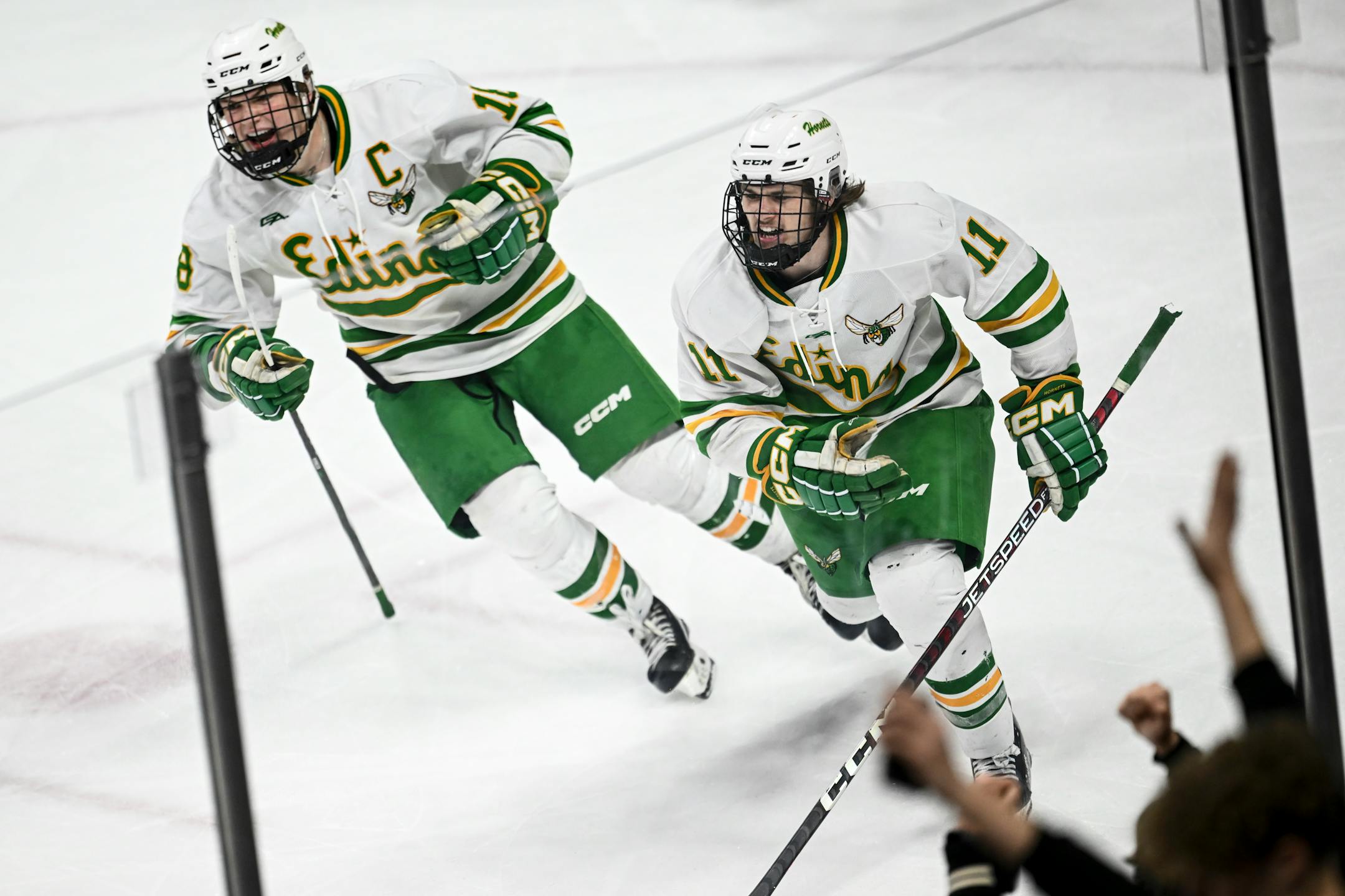 Edina forward Ryan Flaherty (11) and forward Jackson Nevers (18) celebrate a goal by Flaherty against Cretin-Derham Hall during the third period.