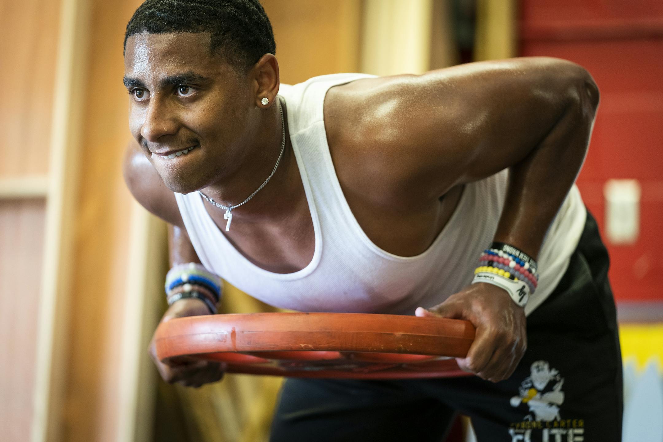 Minneapolis North starting quarterback Zach Yeager lifted weights in the workout room at Minneapolis North High School. ] LEILA NAVIDI • leila.navidi@startribune.com BACKGROUND INFORMATION: The Minneapolis North High School football team worked out during the first available day of summer workouts for high school athletes and coaches in Minneapolis on Monday, June 15, 2020.