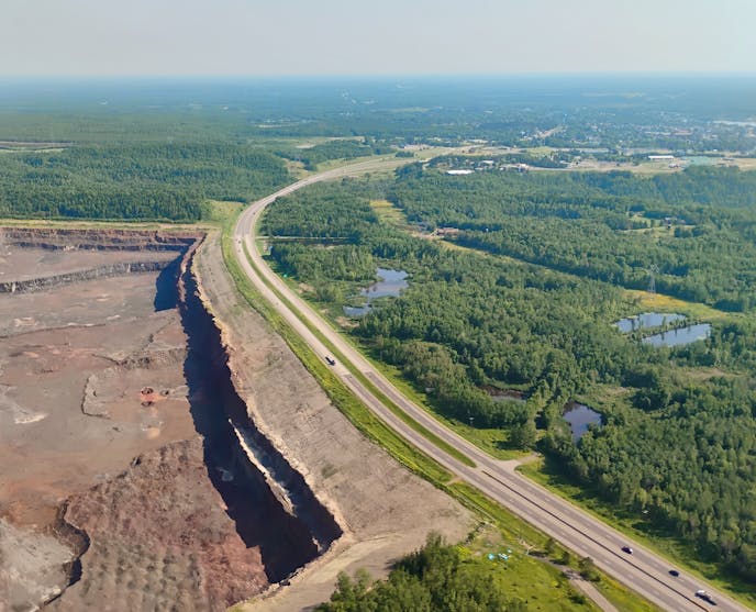 An aerial view of state Highway 169 between Chisholm and Hibbing, Minnesota.