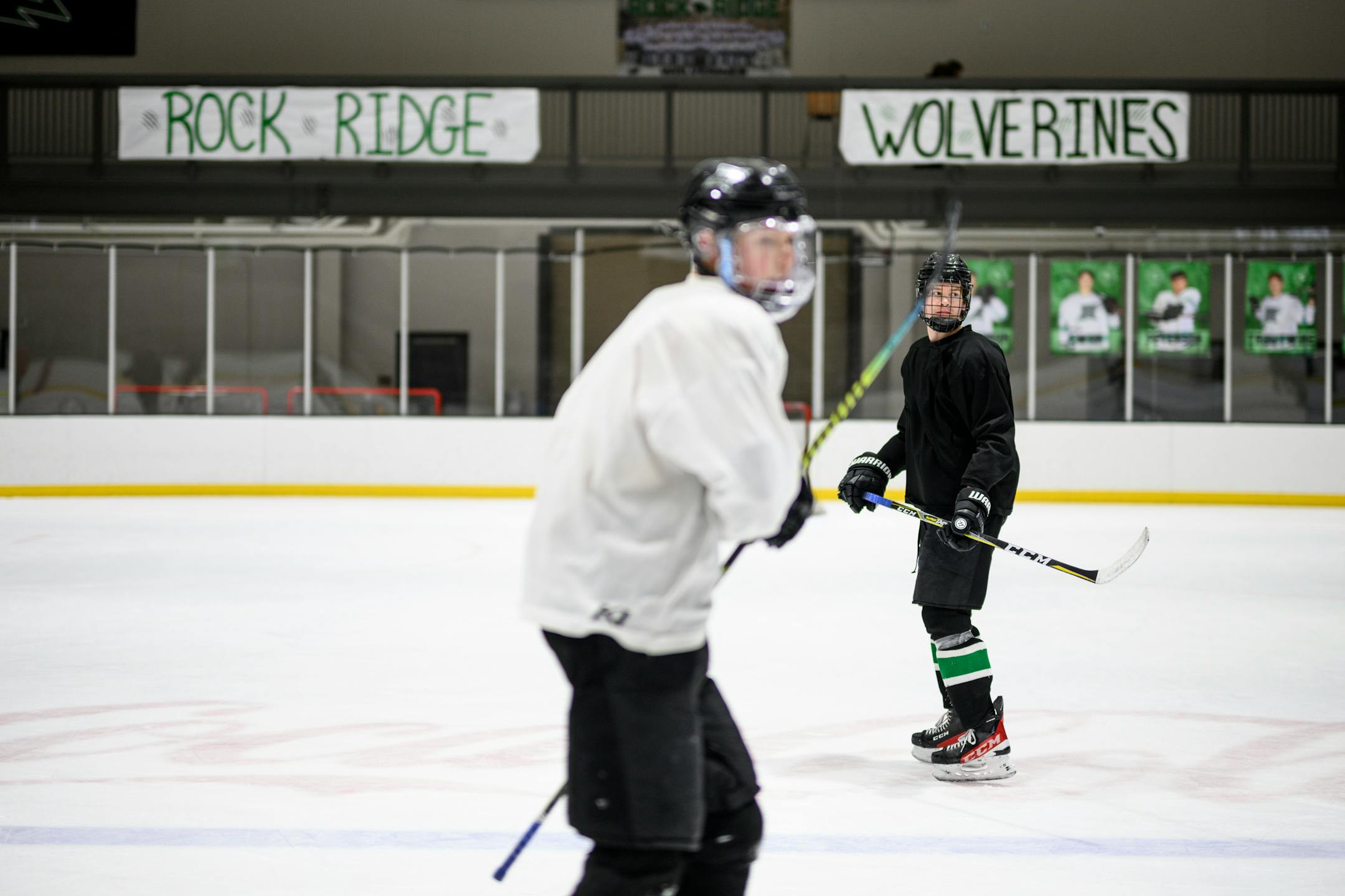 Rock Ridge's Nick Troutwine, of Eveleth, right, and Dylan Hedley, of Virginia, practice at the Iron Trail Motors Event Center Tuesday, Feb. 22, 2022 in Virginia, Minn.