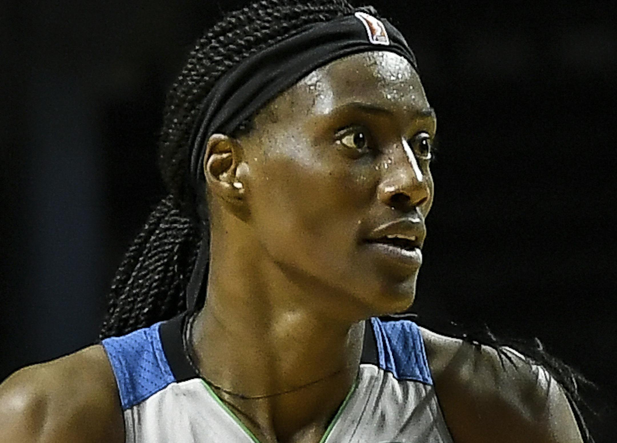Minnesota Lynx forward Maya Moore (23) and Minnesota Lynx center Sylvia Fowles (34) celebrate after forcing a Washington Mystics timeout during the second half of a WNBA basketball game, Tuesday, Sept. 12, 2017 in Minneapolis. (Aaron Lavinsky/Star Tribune via AP)