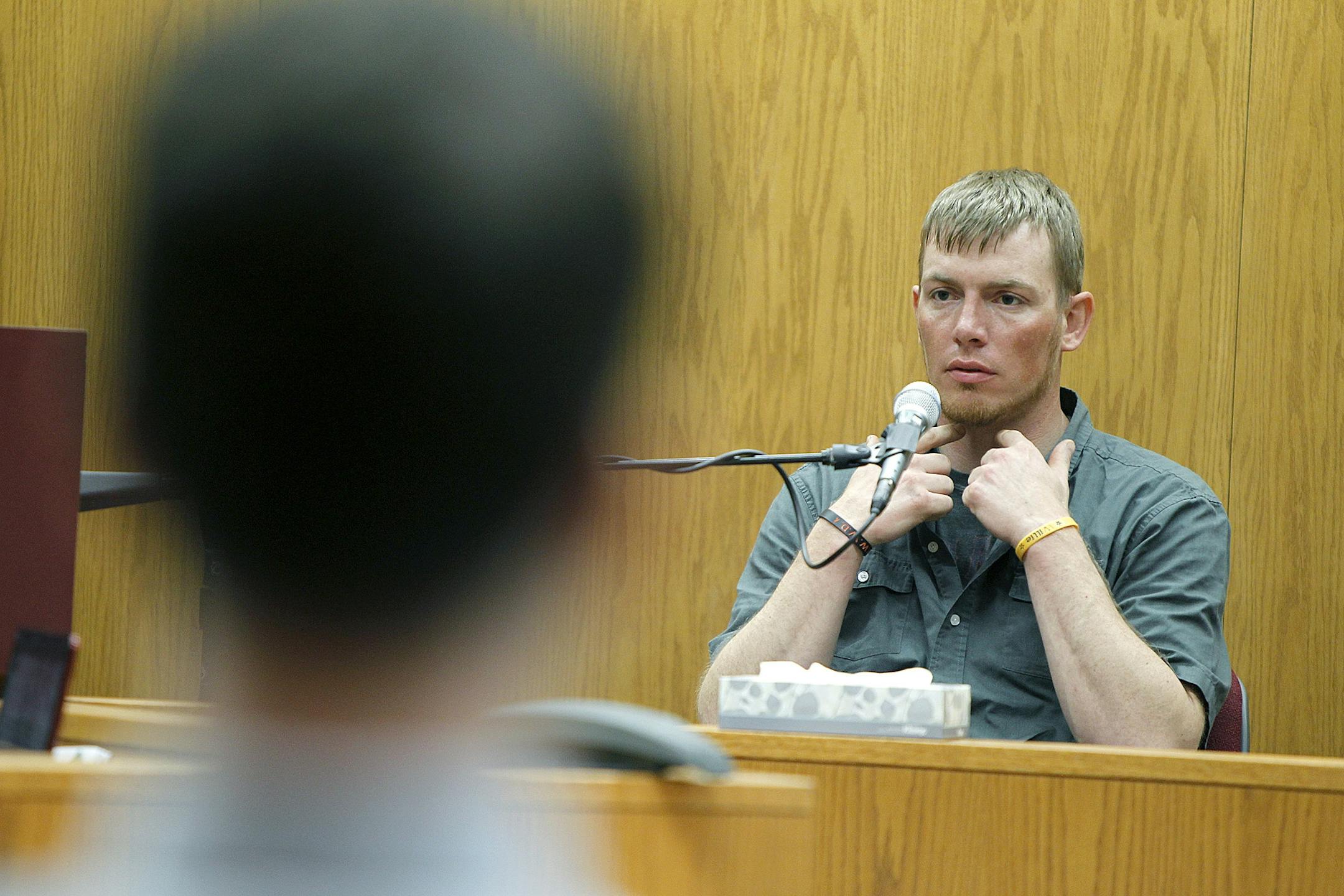 Aaron Schaffhausen's former roommate and co-worker Jeremy Michels shared about an incident when Schaffhausen choked him with a broom during the third day of the Aaron Schaffhausen trial at a St. Croix County Courtroom in Hudson, Wis., Friday, April 5, 2013. (ELIZABETH FLORES/STAR TRIBUNE) ELIZABETH FLORES � eflores@startribune.com