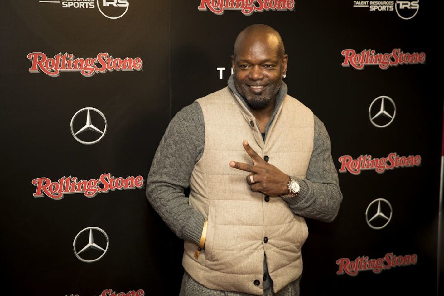 All-time leading rusher in the NFL Emmitt Smith posed on the red carpet at the Rolling Stone Magazine VIP party at the International Square Market on Friday night, February 2, 2018, on in Minneapolis, Minn.