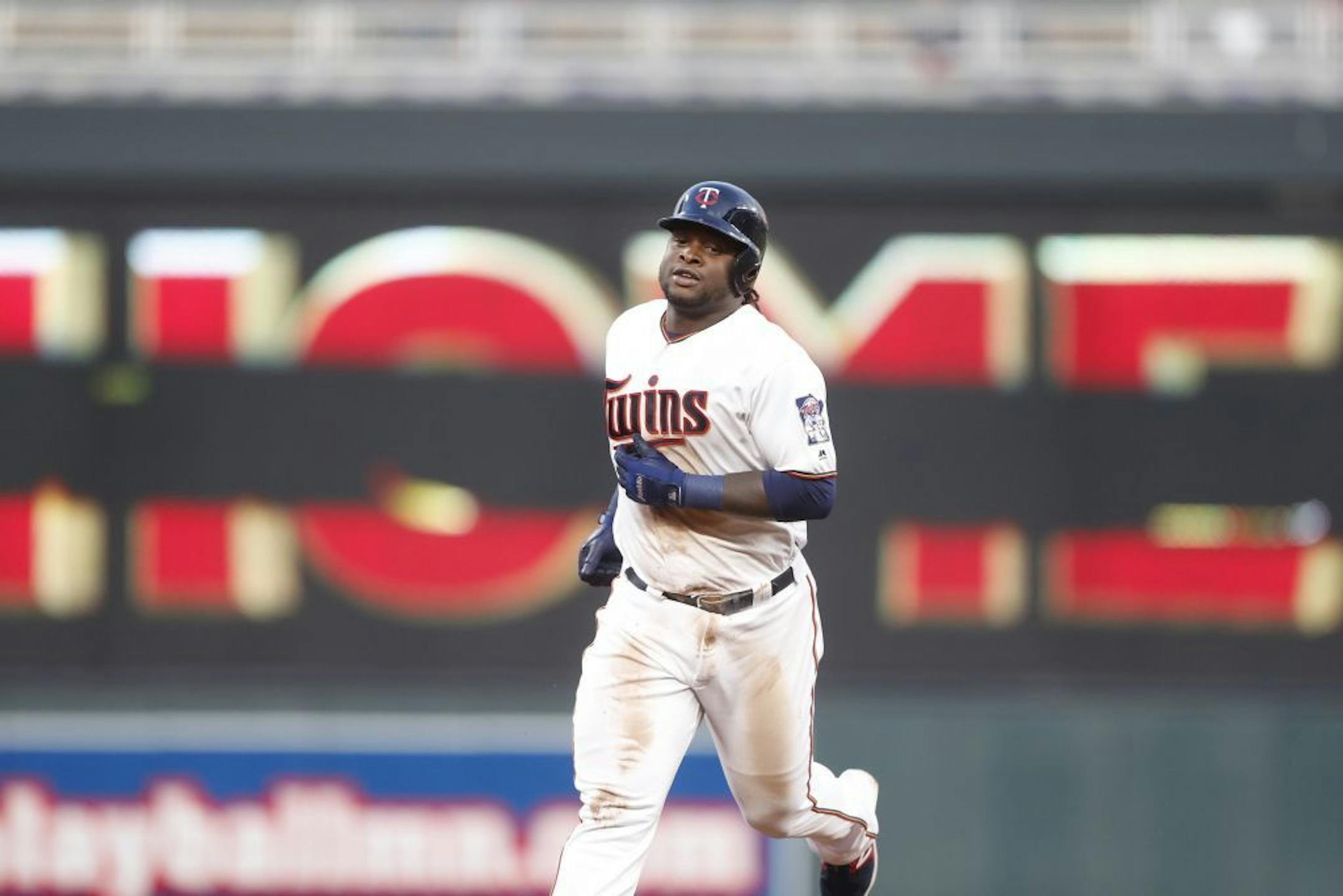 Minnesota Twins Miguel Sano rounded the base in the third inning after hitting a 2 run home over A's Sonny Gray at Target Field Tuesday May 2, 2017 in Minneapolis, MN.