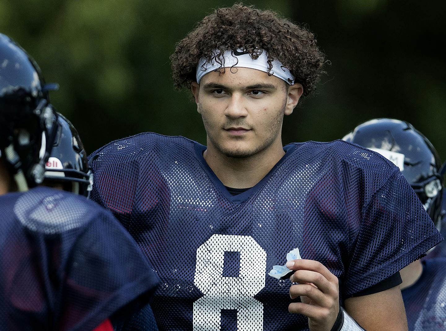 Breck quarterback David Roddy (8) during a practice. ] CARLOS GONZALEZ &#xef; cgonzalez@startribune.com - August 23, 2017, Golden Valley, MN, Breck School / Prep Football, Amid growing sport specialization, some of the best quarterbacks this season are basketball stars, too. , Breck QB David Roddy