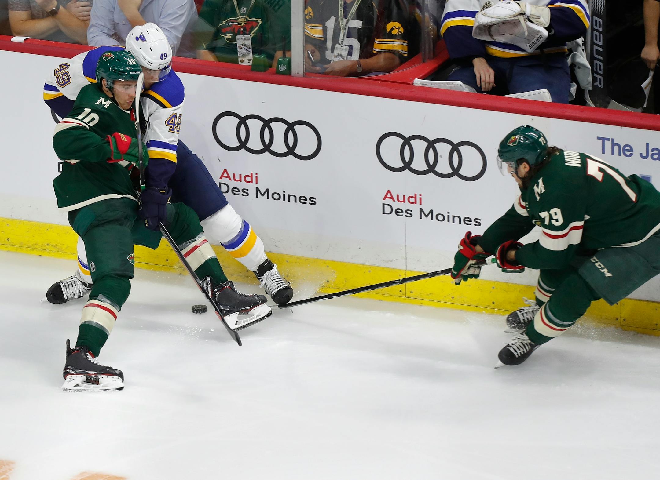 Right wing Matt Read, shown at left colliding with Blues center Ivan Barbashev, has a versatility that could come in handy for the Wild.