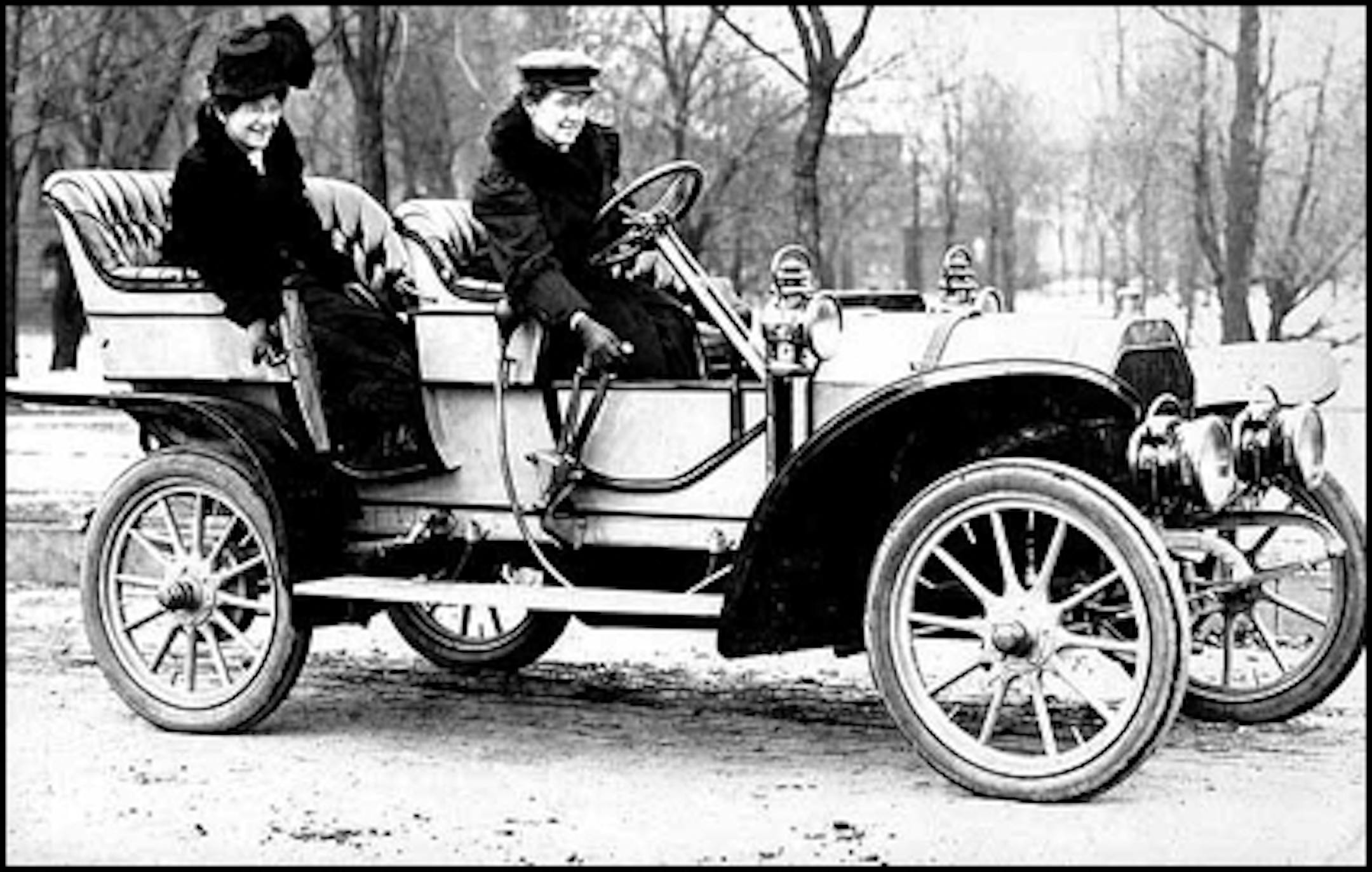 The Minneapolis Tribune's "popular voting contest" of 1907 featured dozens of valuable prizes, including this $3,000 Oldsmobile. The catch: A purchase was most definitely necessary. To vote for a nominee, you had to spend money with the Tribune. A $10 subscription counted for 6,000 votes. Dr. Gertrude Stanton, a Minneapolis optometrist, drew 2.3 million votes and drove home the big prize. That's her behind the wheel, with daughter Sadie in back.